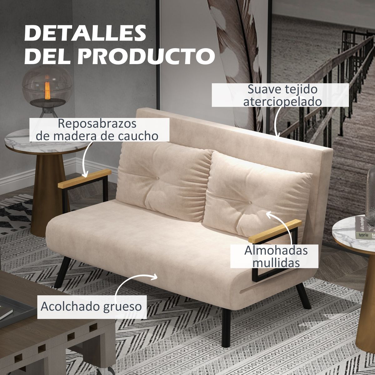 Sofá cama Mangata Homcom 3 en 1 respaldo ajustable beige 81x102x73 cm