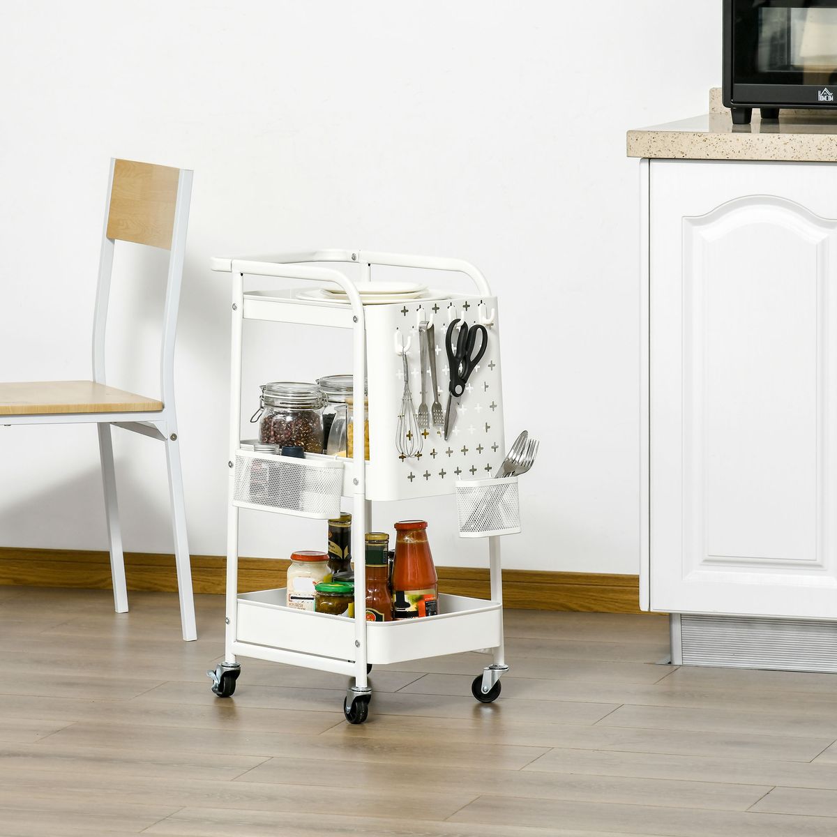 Carrito auxiliar Rush Homcom 3 niveles + 4 ganchos + 2 cestas blanco 75,6x51,5x32 cm