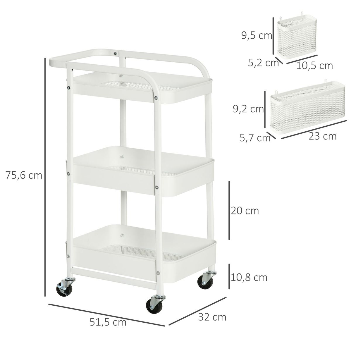Carrito auxiliar Rush Homcom 3 niveles + 4 ganchos + 2 cestas blanco 75,6x51,5x32 cm