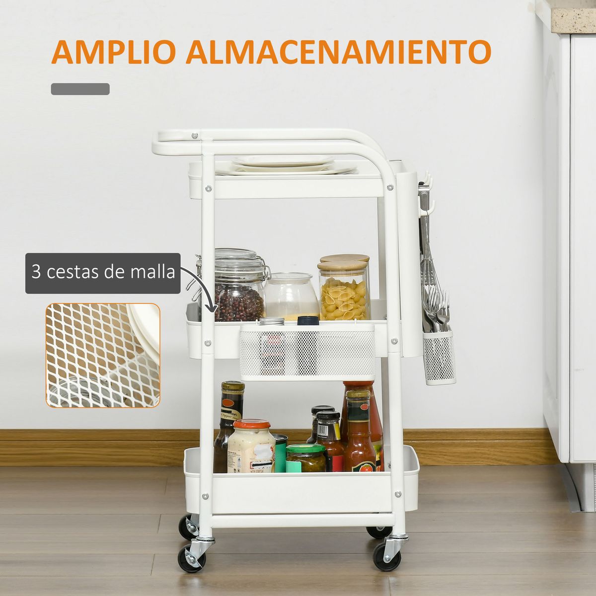 Carrito auxiliar Rush Homcom 3 niveles + 4 ganchos + 2 cestas blanco 75,6x51,5x32 cm