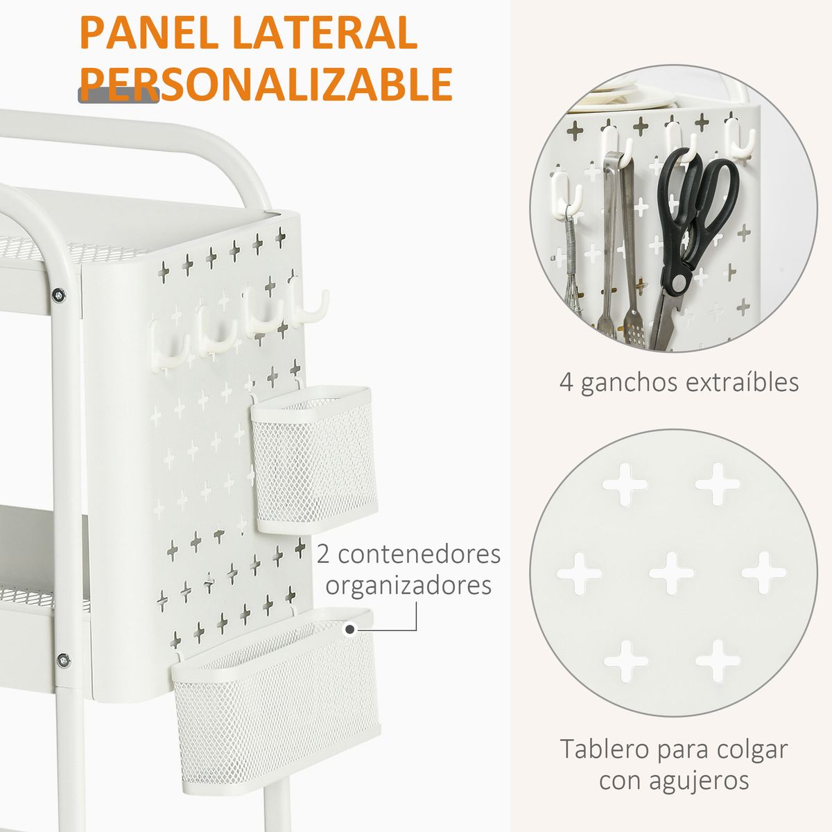 Carrito auxiliar Rush Homcom 3 niveles + 4 ganchos + 2 cestas blanco 75,6x51,5x32 cm