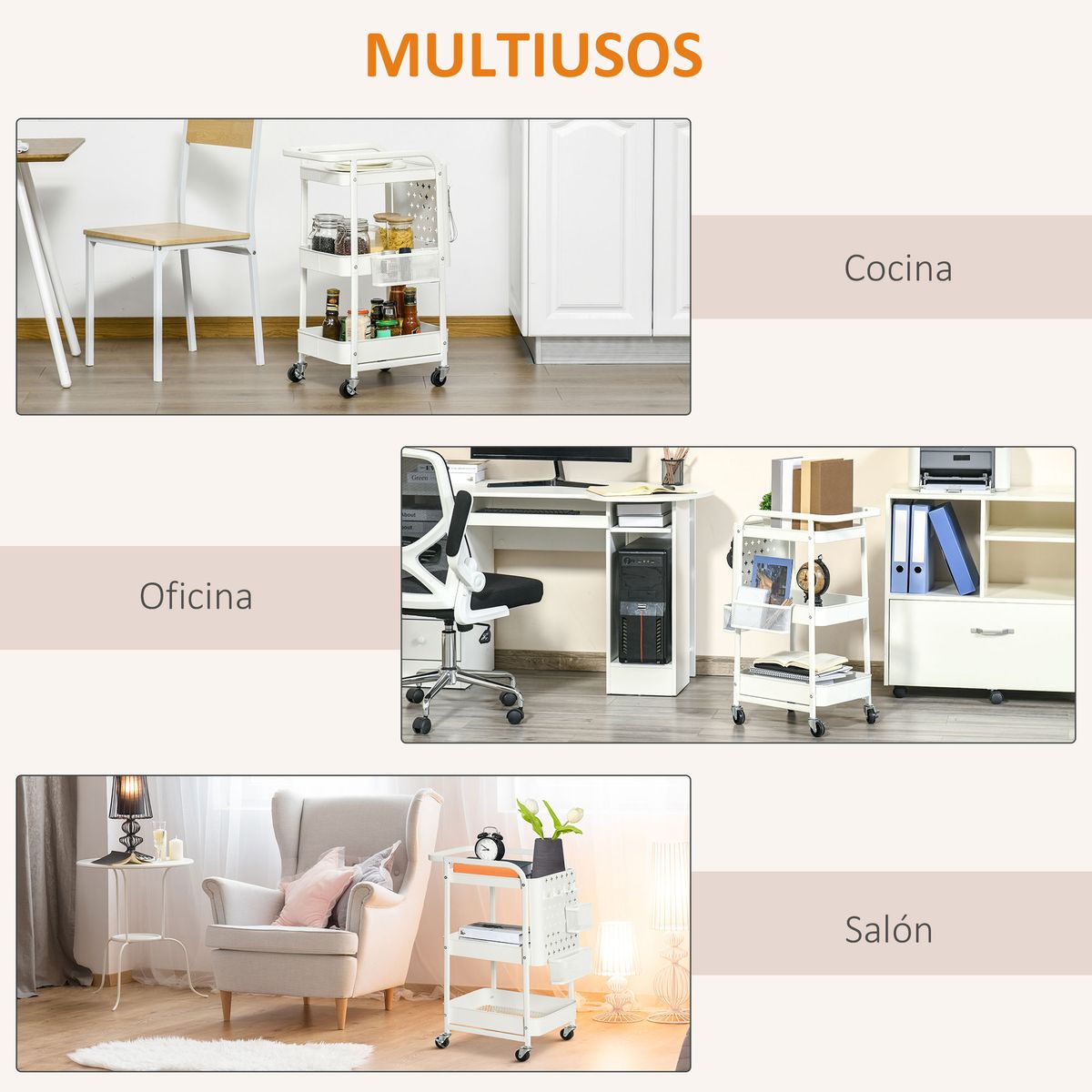 Carrito auxiliar Rush Homcom 3 niveles + 4 ganchos + 2 cestas blanco 75,6x51,5x32 cm