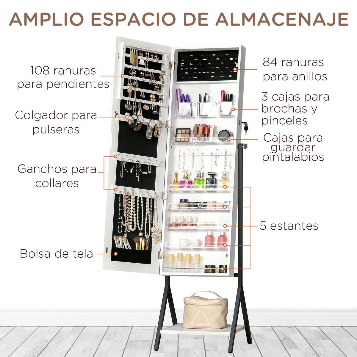 Espejo joyero Glam Homcom ángulo ajustable blanco/negro 157x47x36 cm