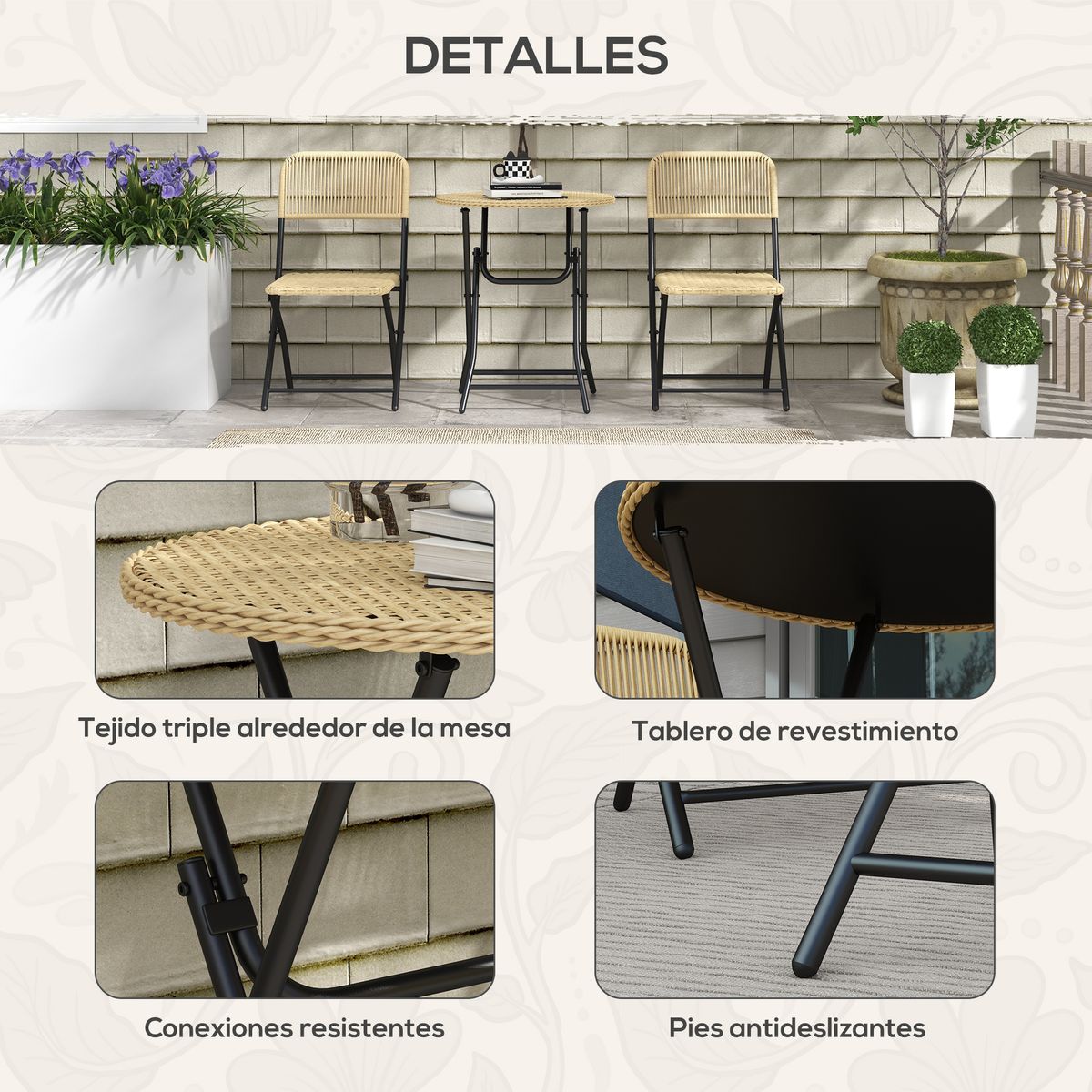 Conjunto de exterior Cordillera Outsunny 2 sillas + mesa plegable natural