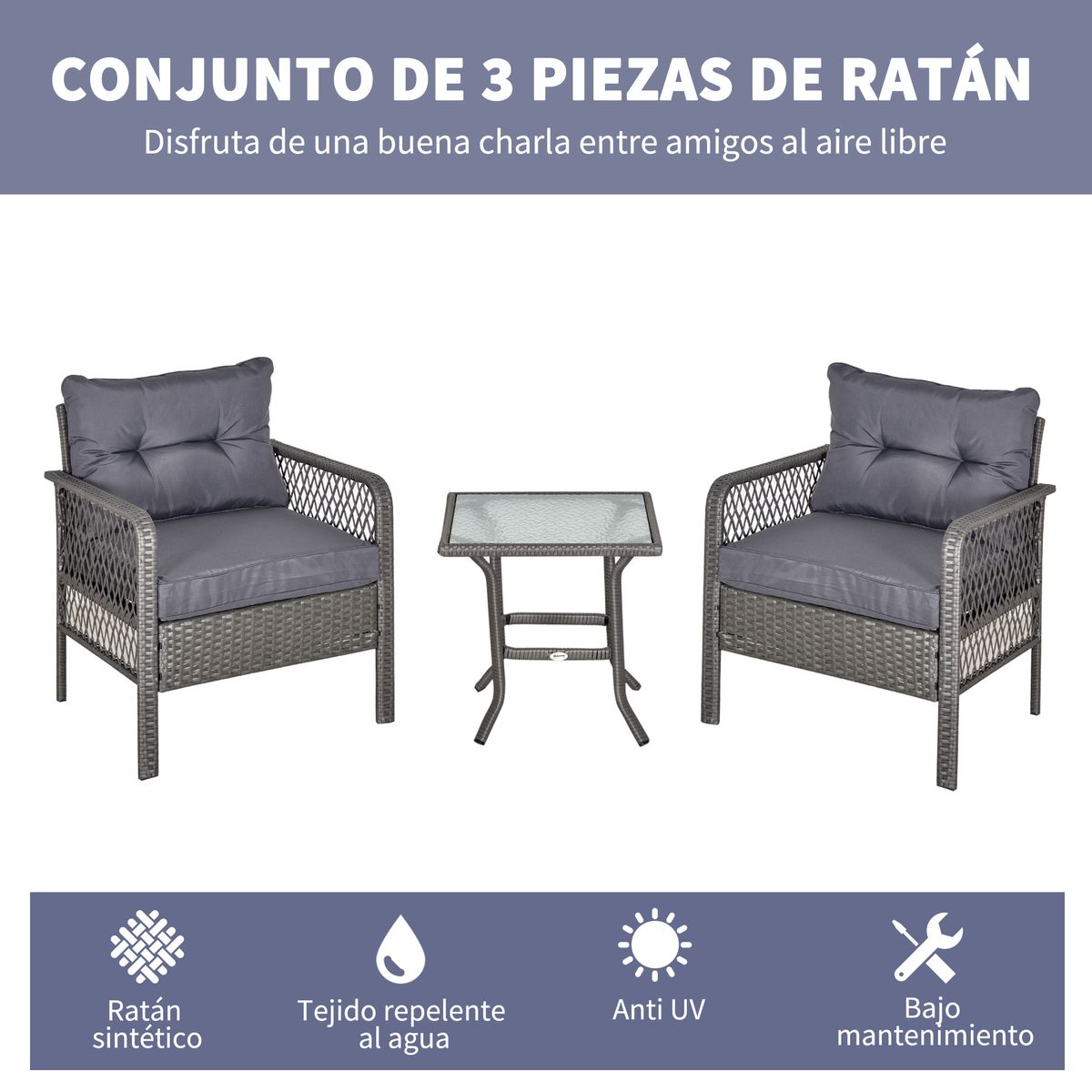 Conjunto de exterior Cabo Outsunny 2 sillas + mesa + cojines gris