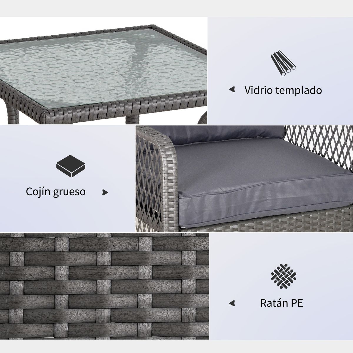 Conjunto de exterior Cabo Outsunny 2 sillas + mesa + cojines gris