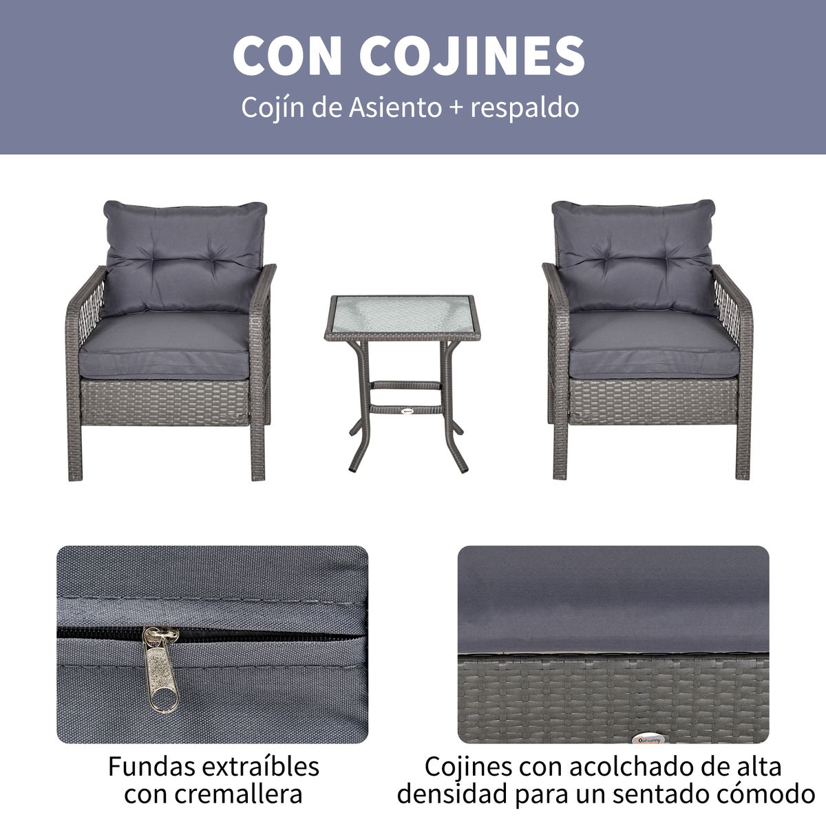 Conjunto de exterior Cabo Outsunny 2 sillas + mesa + cojines gris
