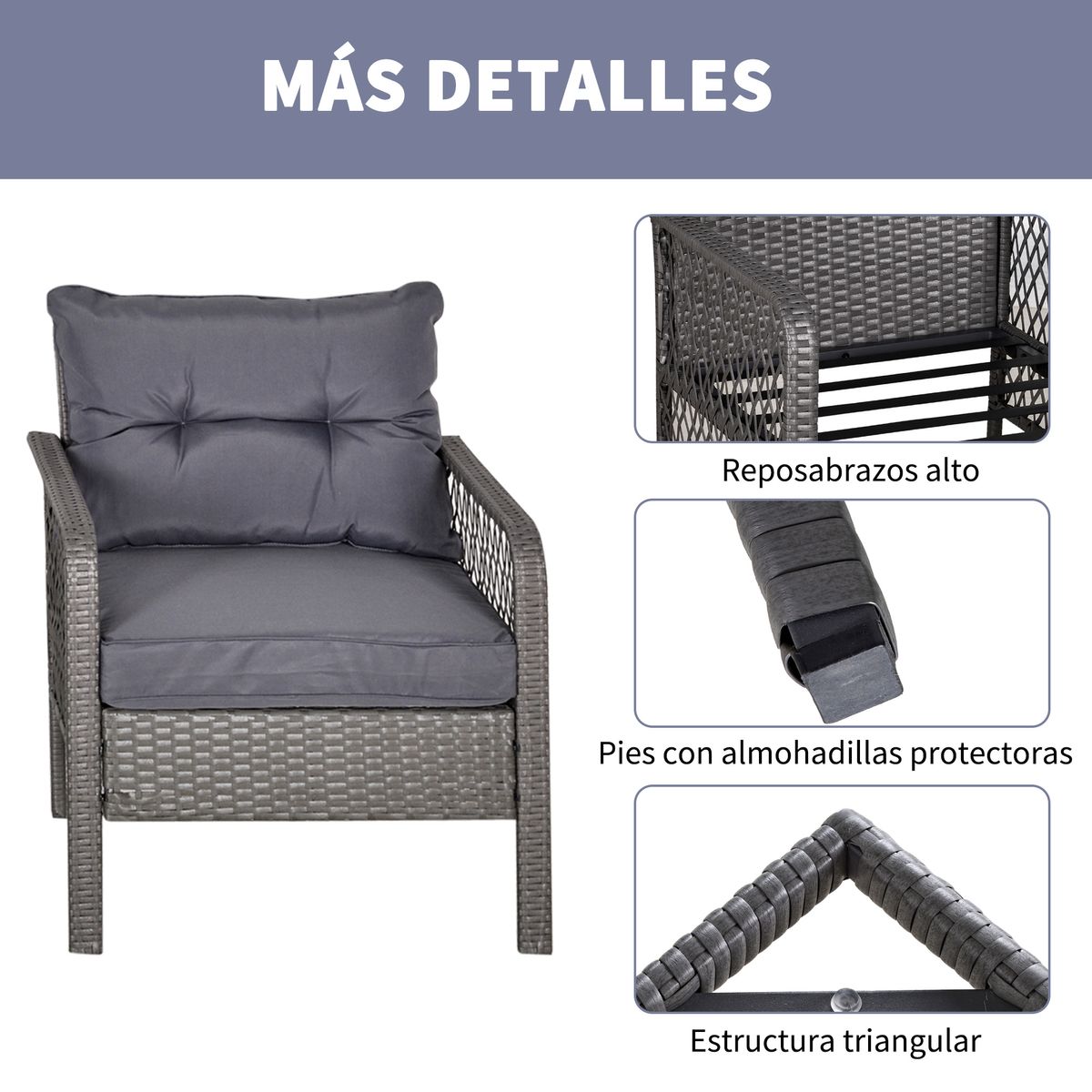Conjunto de exterior Cabo Outsunny 2 sillas + mesa + cojines gris