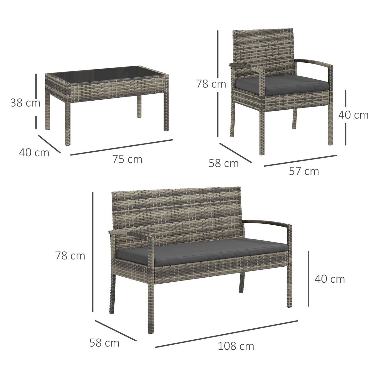 Conjunto de jardín Brilliant Outsunny 3 sillones + 1 mesa gris