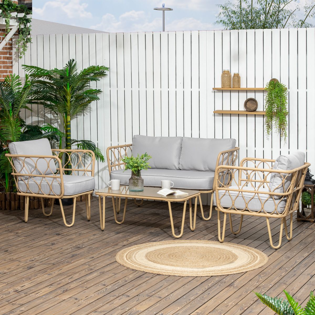 Conjunto de jardín Bango Outsunny 3 sillones + 1 mesa gris/natural