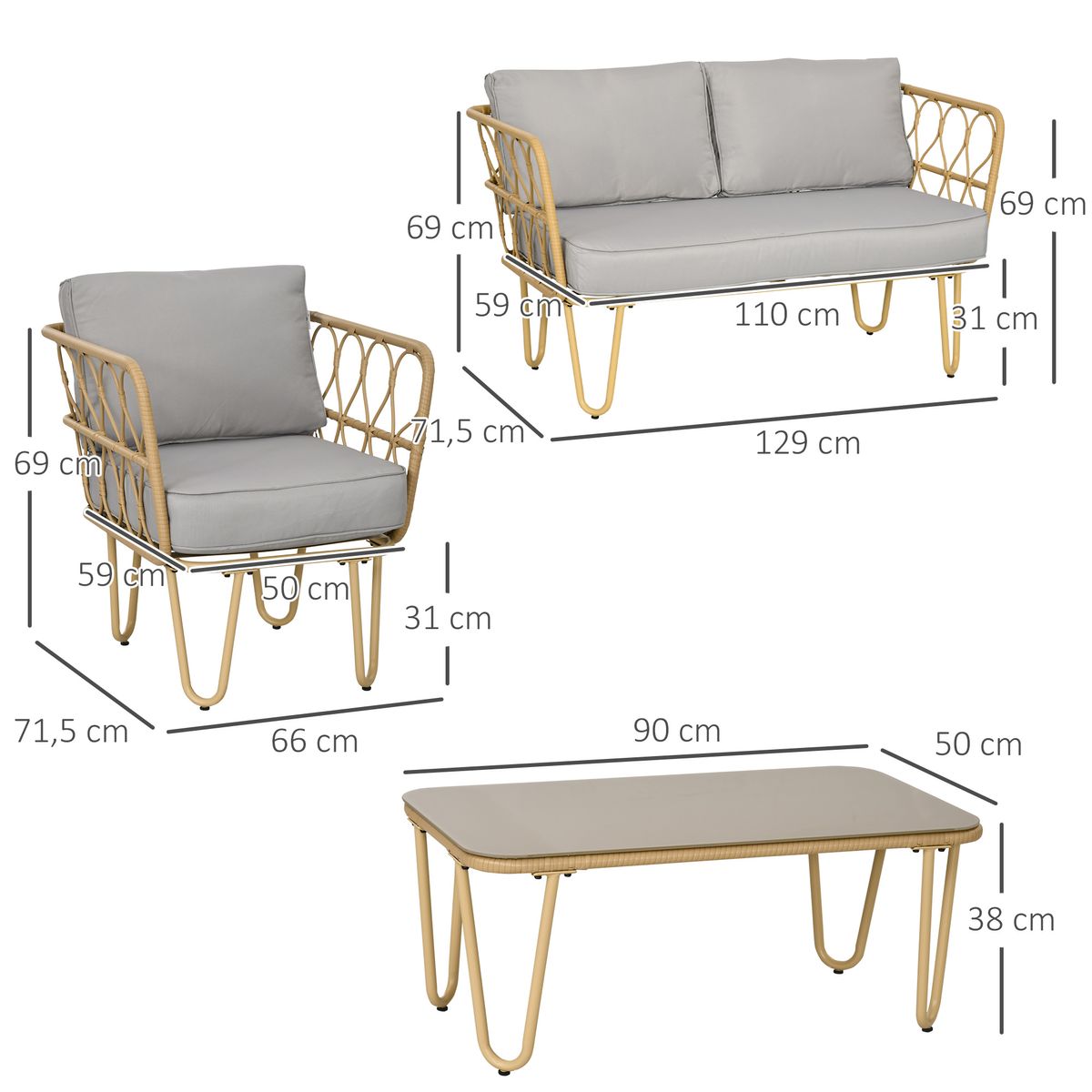 Conjunto de jardín Bango Outsunny 3 sillones + 1 mesa gris/natural 3