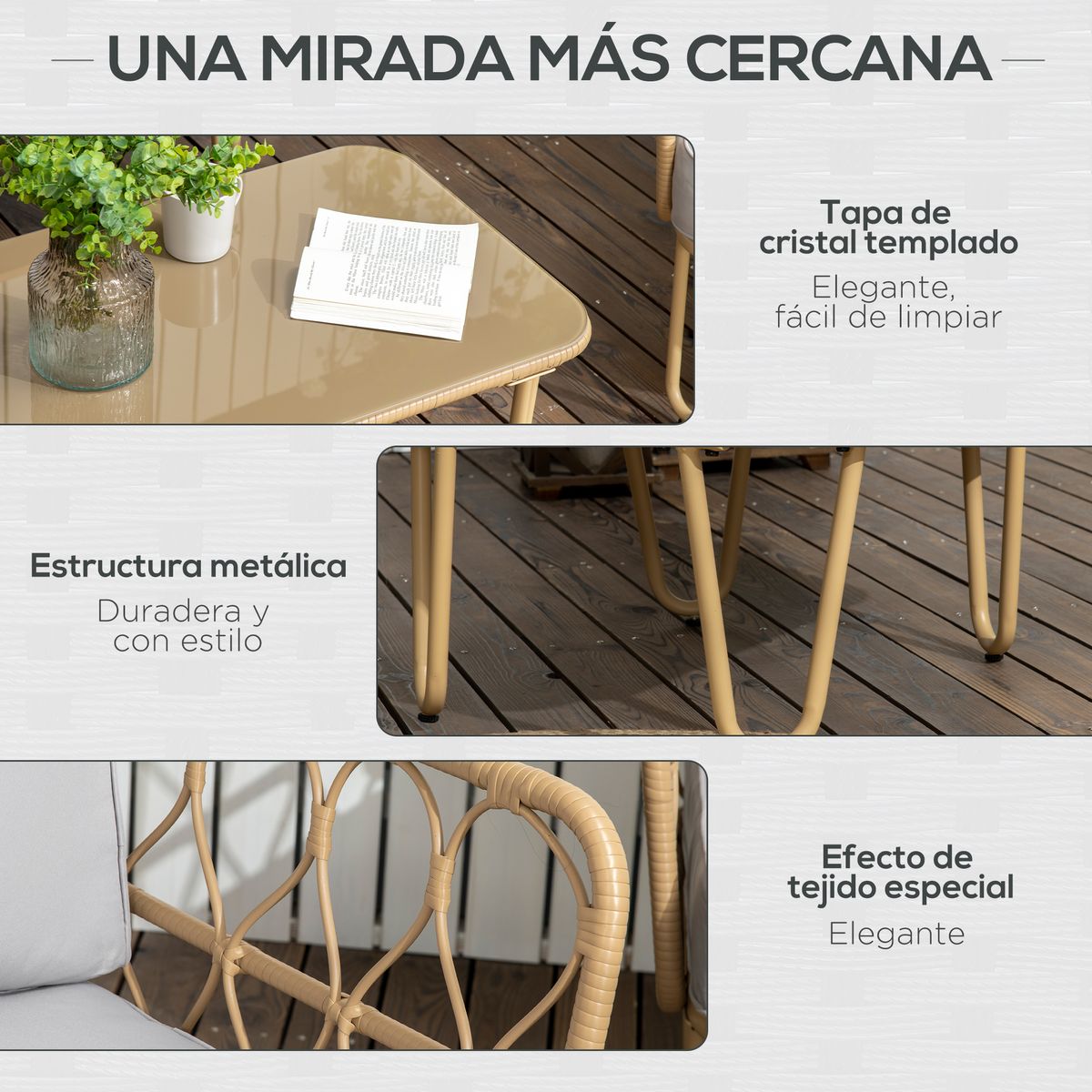 Conjunto de jardín Bango Outsunny 3 sillones + 1 mesa gris/natural 6