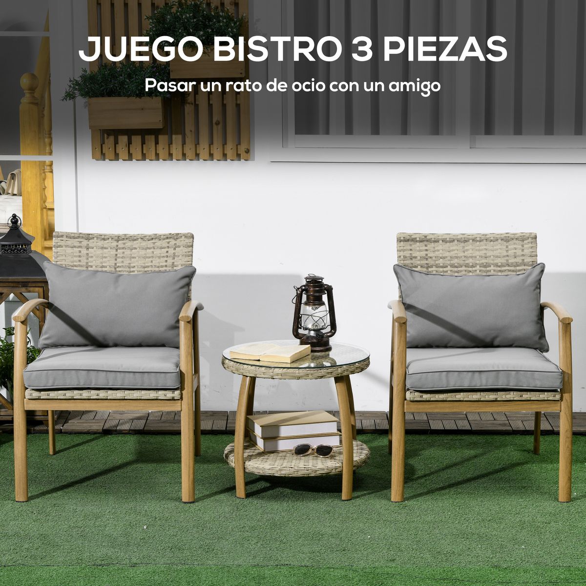 Conjunto de jardín Mayotte Outsunny 2 sillones + 1 mesa natural 4