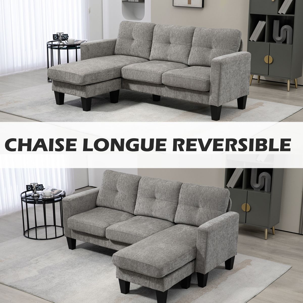 Sofá chaiselongue Zahara Homcom reversible marrón 84x186x130 cm