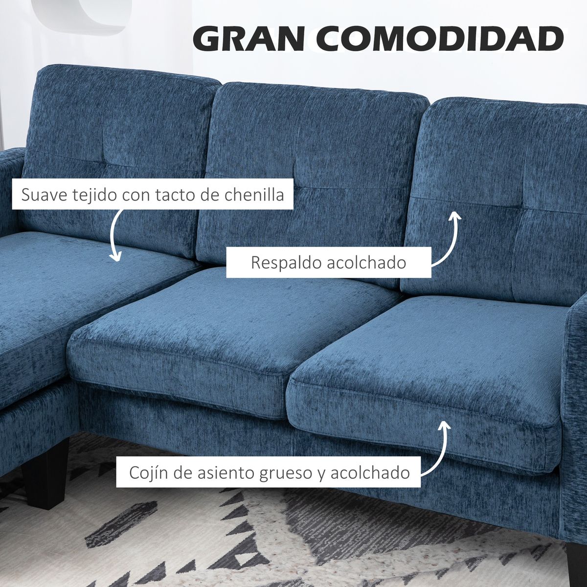 Sofá chaiselongue Zahara Homcom reversible azul 84x186x130 cm