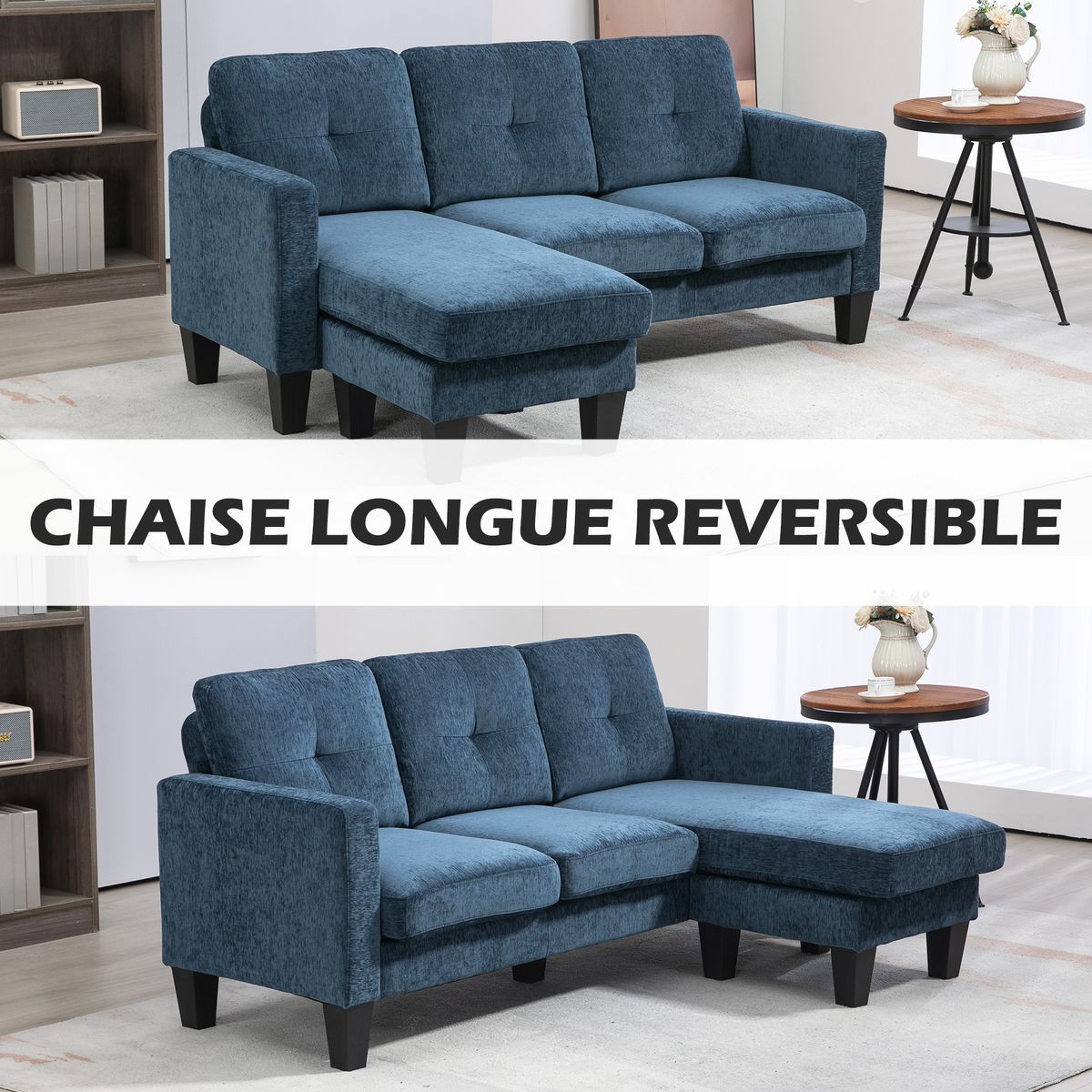 Sofá chaiselongue Zahara Homcom reversible azul 84x186x130 cm