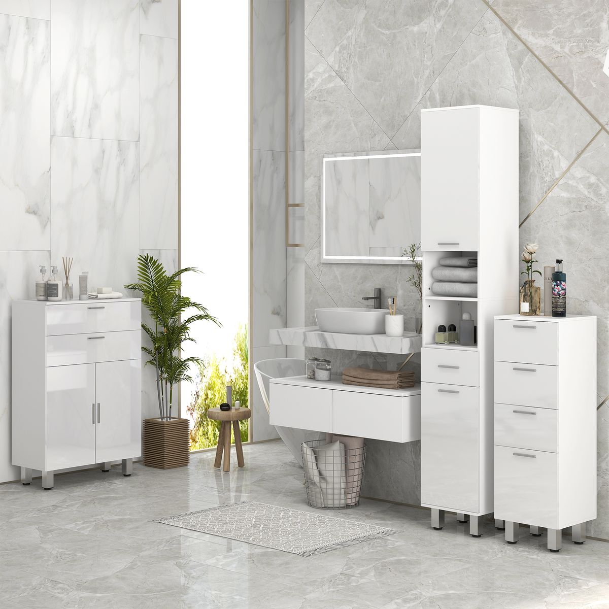 Mueble-auxiliar-Air-Kleankin-con-cajon---3-estantes---2-armarios-blanco-brillo-180x30x30-cm