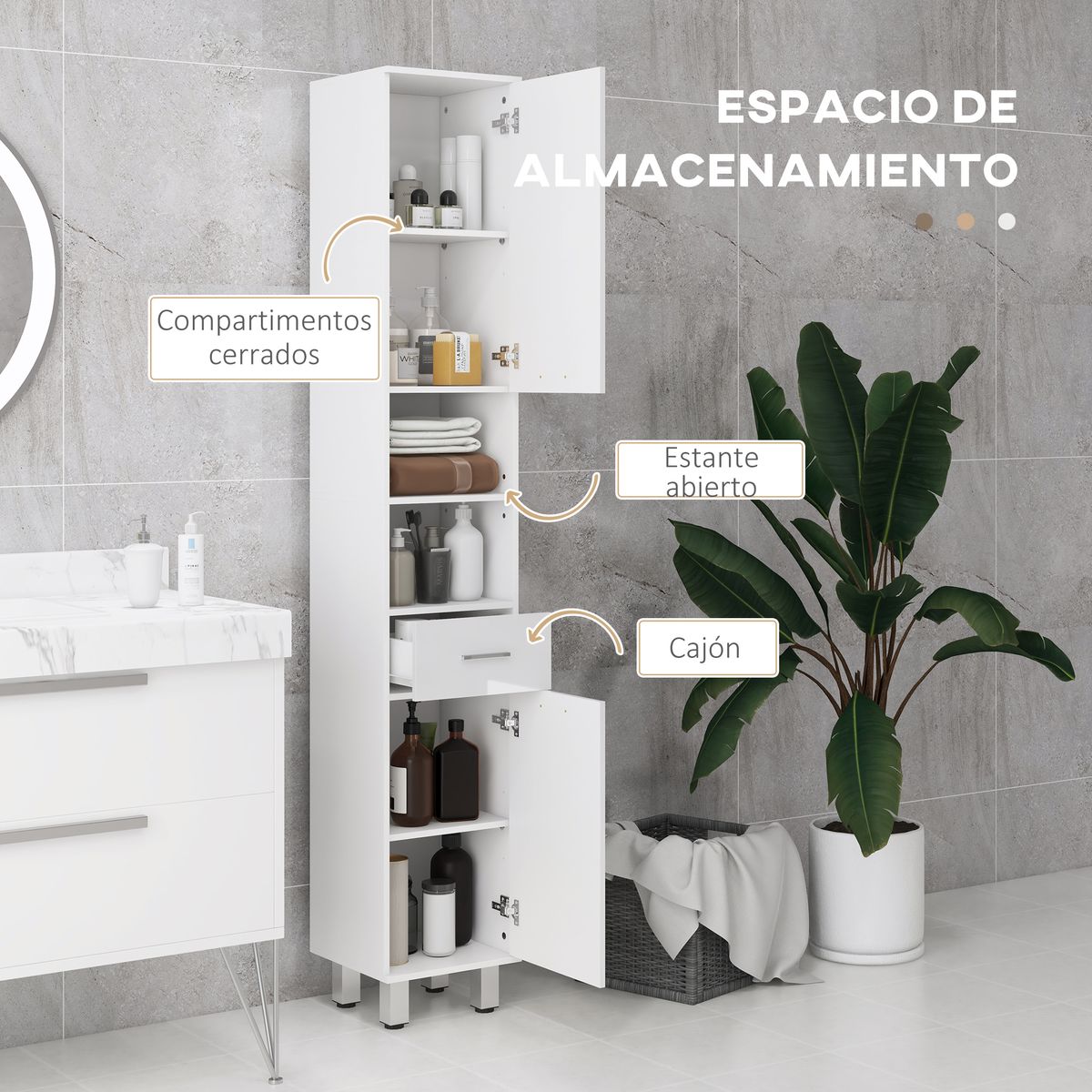 Mueble-auxiliar-Air-Kleankin-con-cajon---3-estantes---2-armarios-blanco-brillo-180x30x30-cm