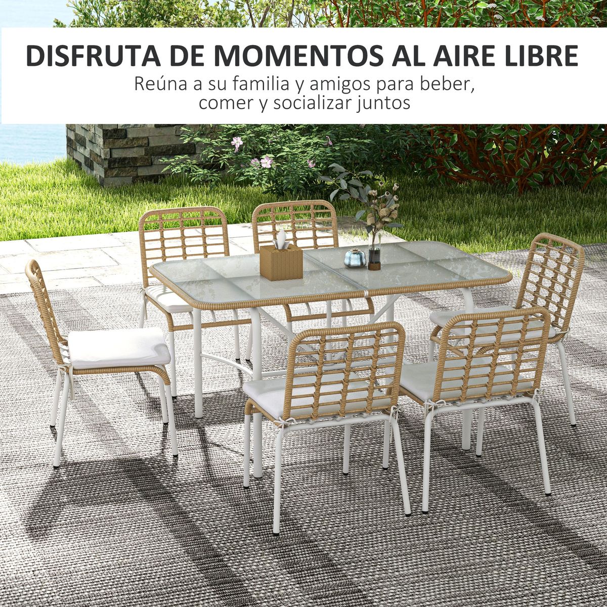 Conjunto de jardín Elegance Outsunny 1 mesa + 6 sillas natural 4