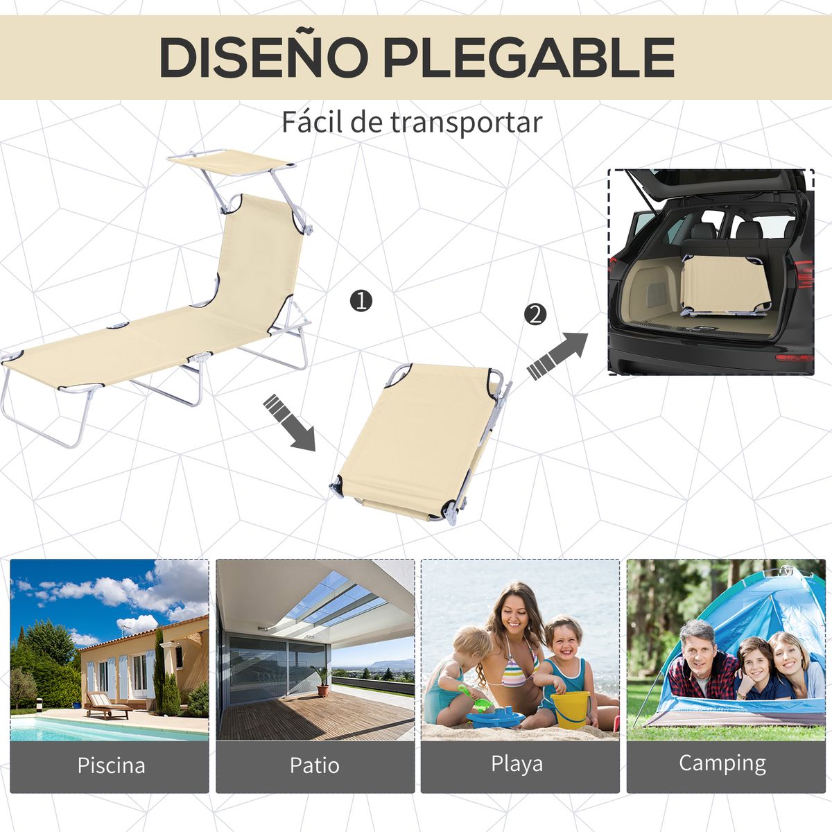 Tumbona Benidorm Outsunny plegable con parasol beige 36x187x58 cm