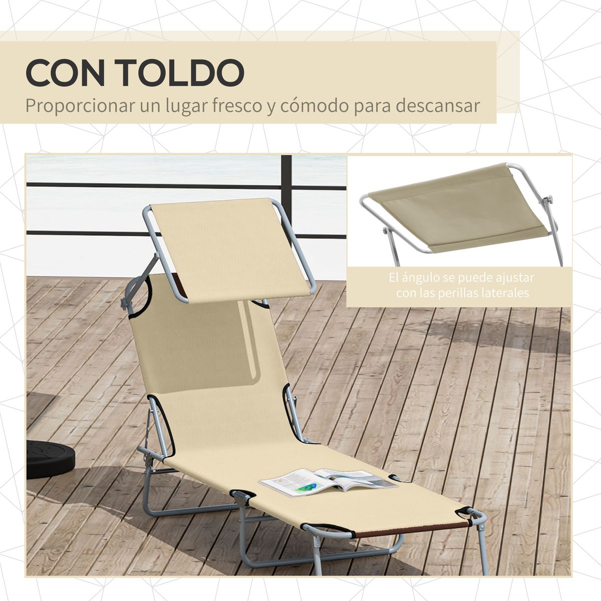Tumbona Benidorm Outsunny plegable con parasol beige 36x187x58 cm