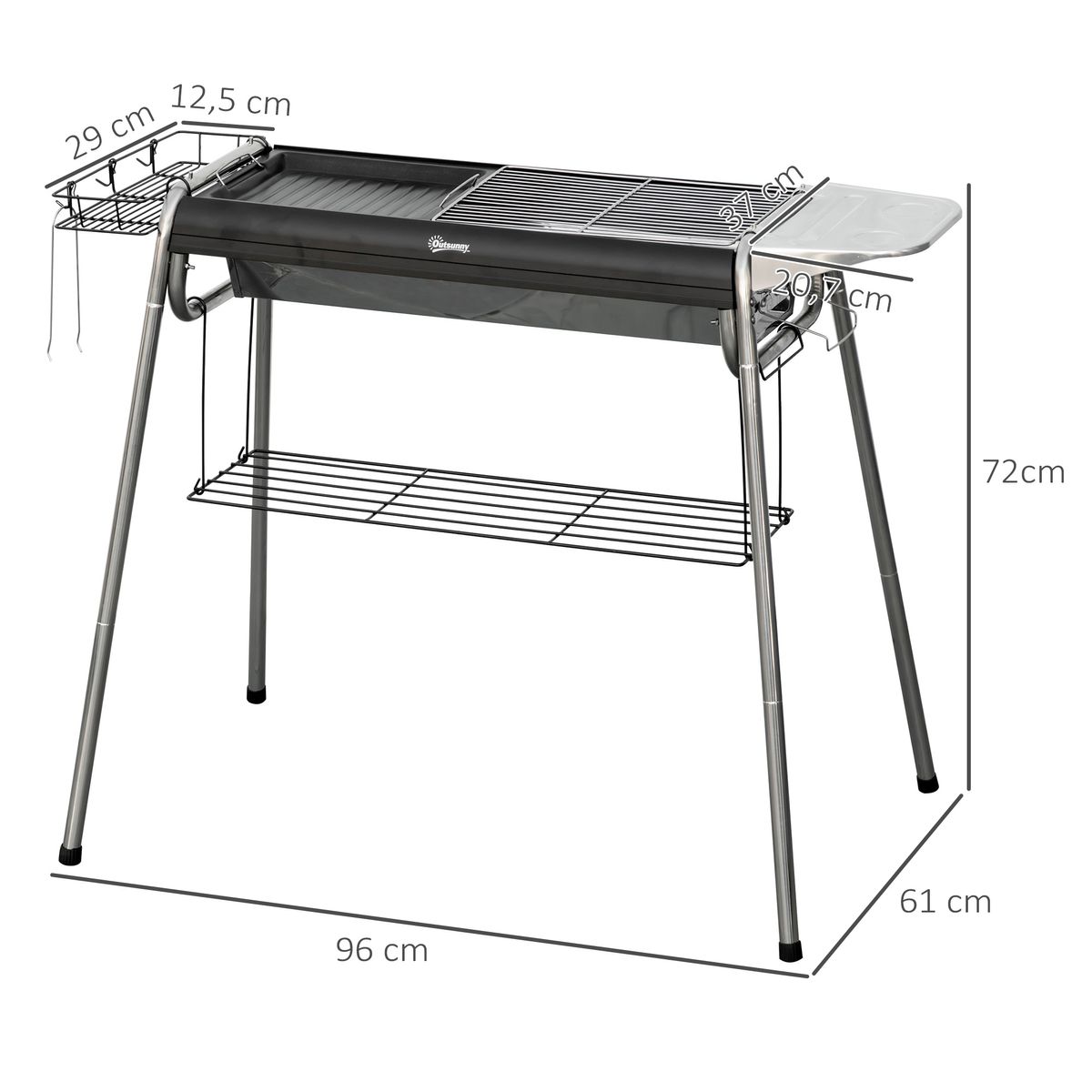 Barbacoa de carbón Flor Outsunny con bandeja + estante negro 72x96x61 cm