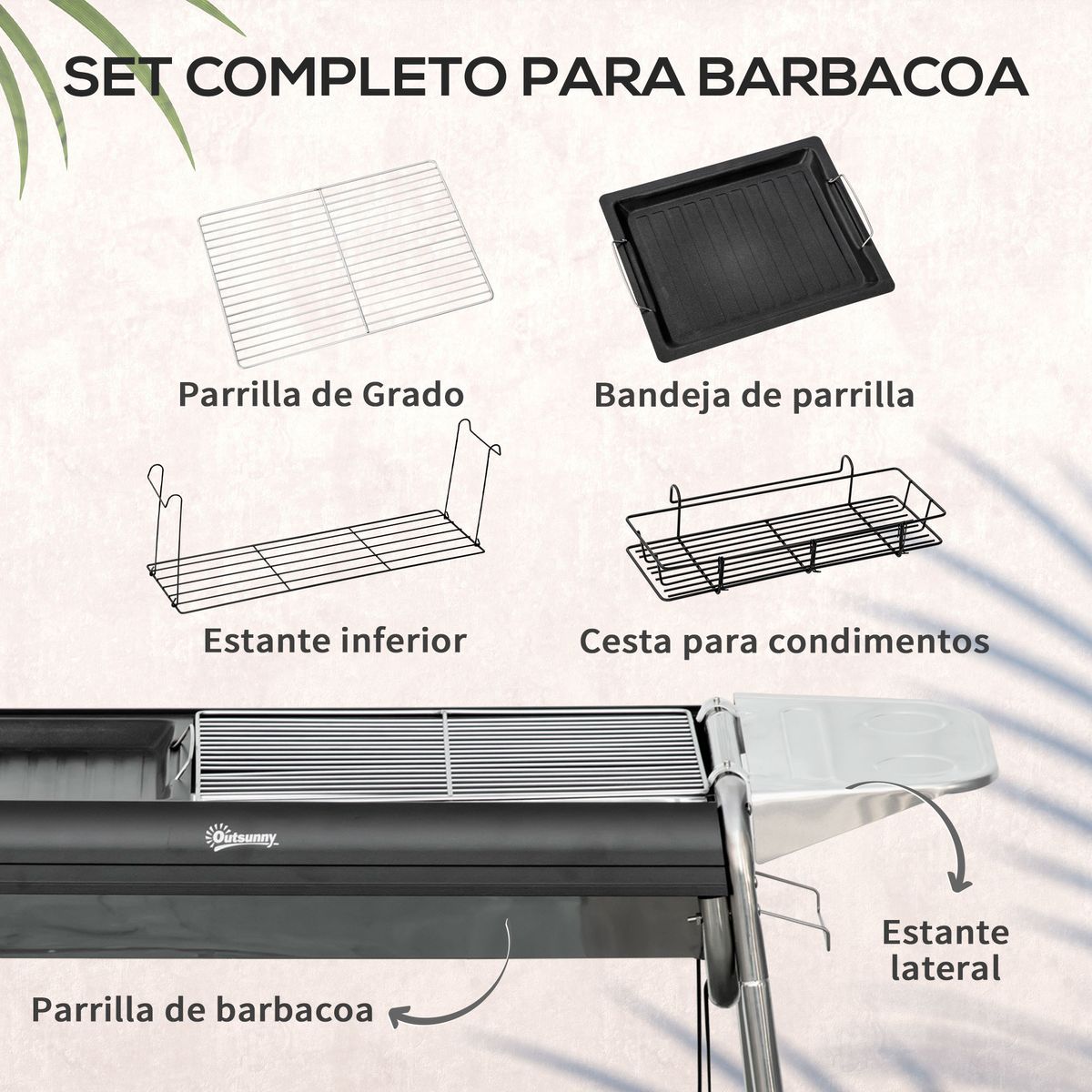 Barbacoa de carbón Flor Outsunny con bandeja + estante negro 72x96x61 cm