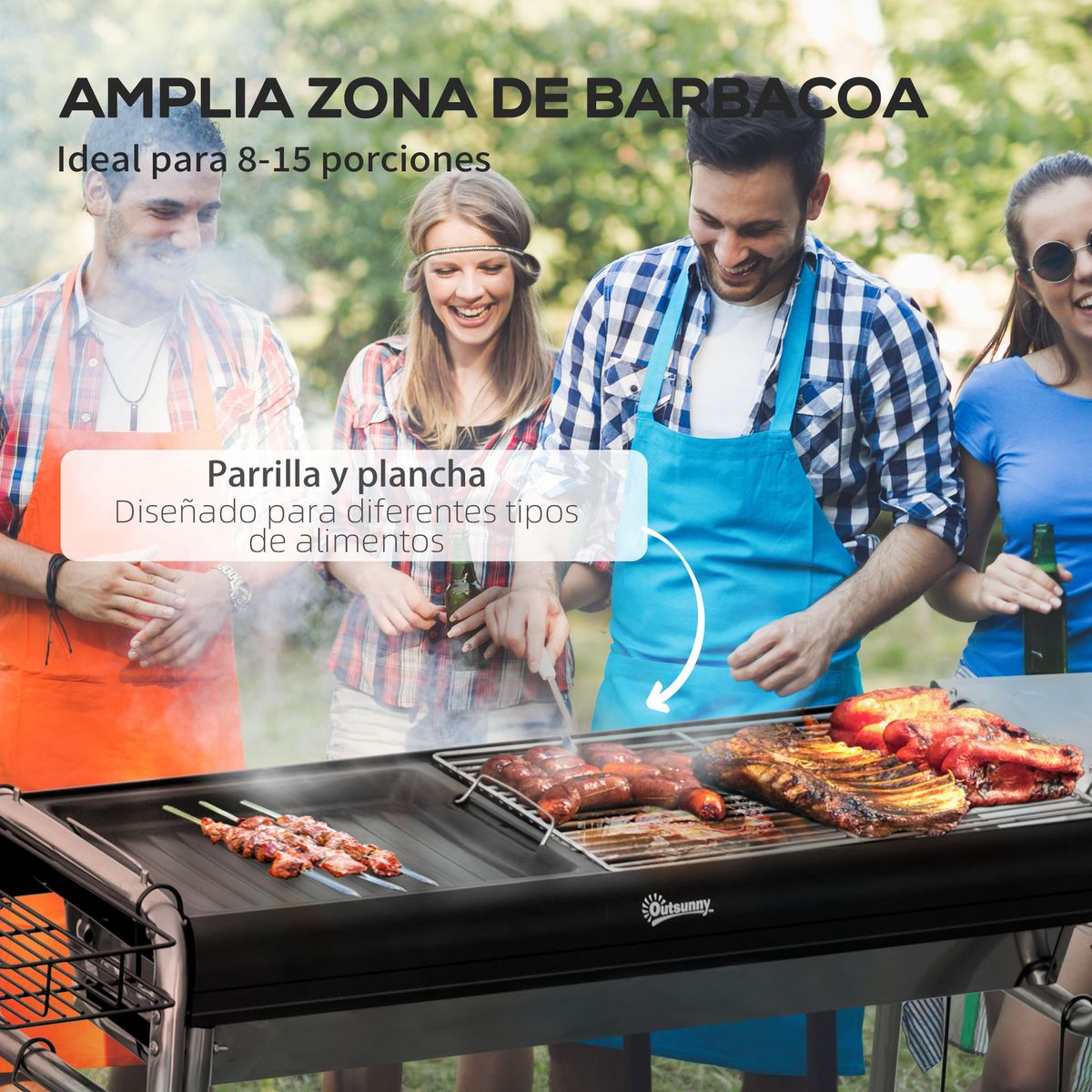 Barbacoa de carbón Flor Outsunny con bandeja + estante negro 72x96x61 cm