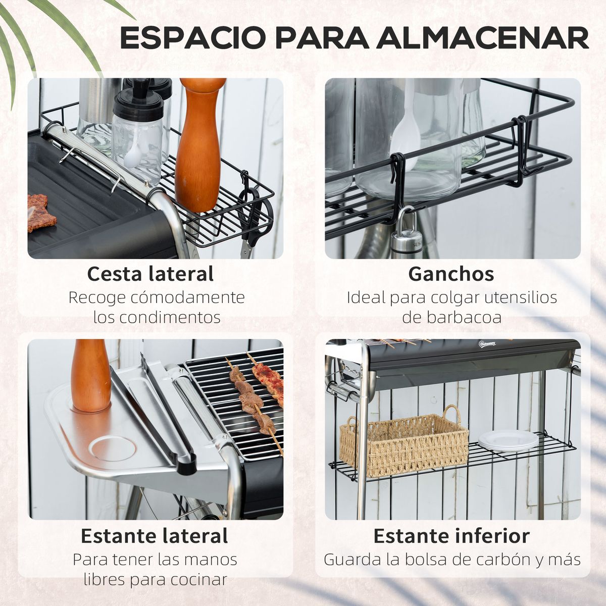 Barbacoa de carbón Flor Outsunny con bandeja + estante negro 72x96x61 cm