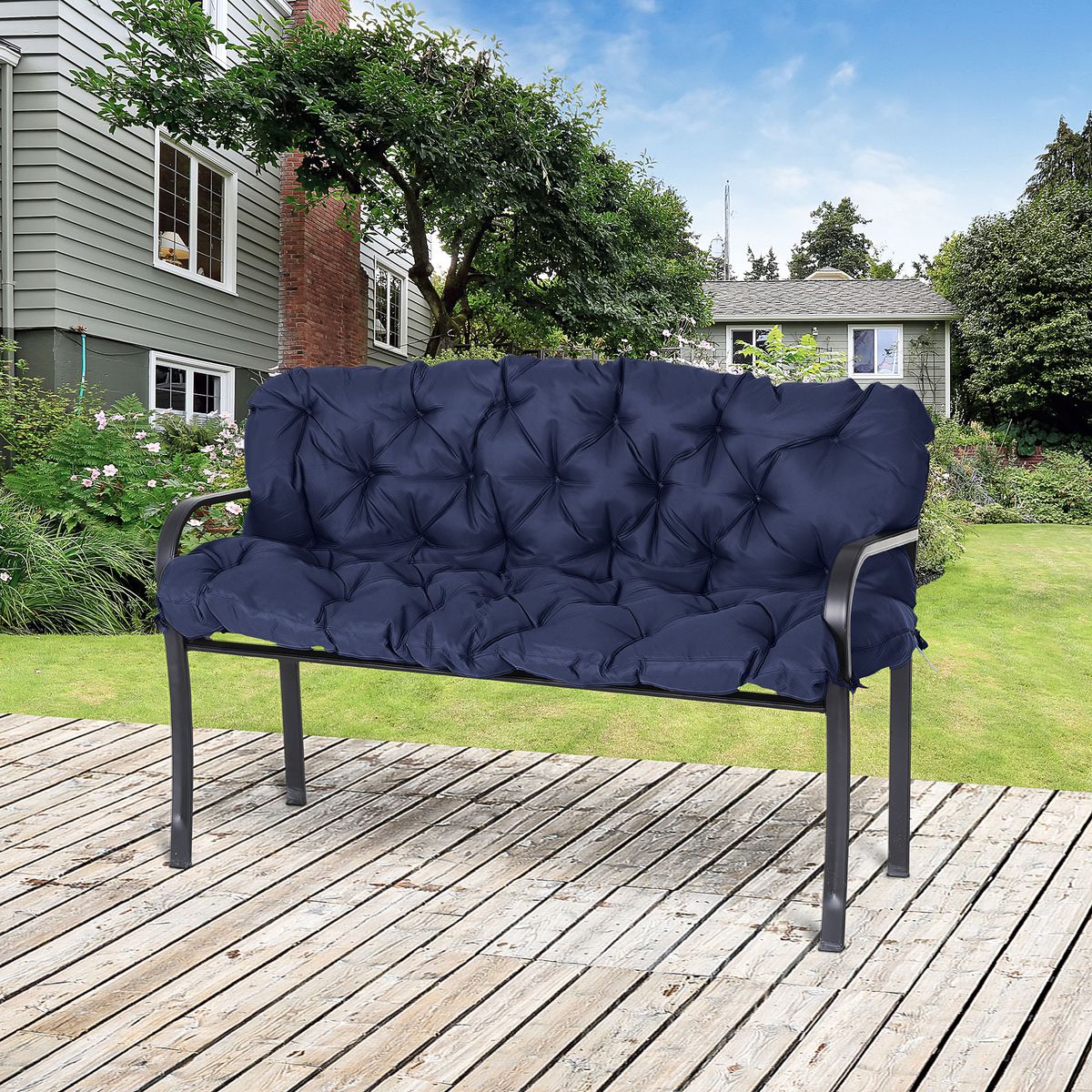 Cojín para asiento Outsunny con respaldo 3 plazas azul 8x150x98 cm