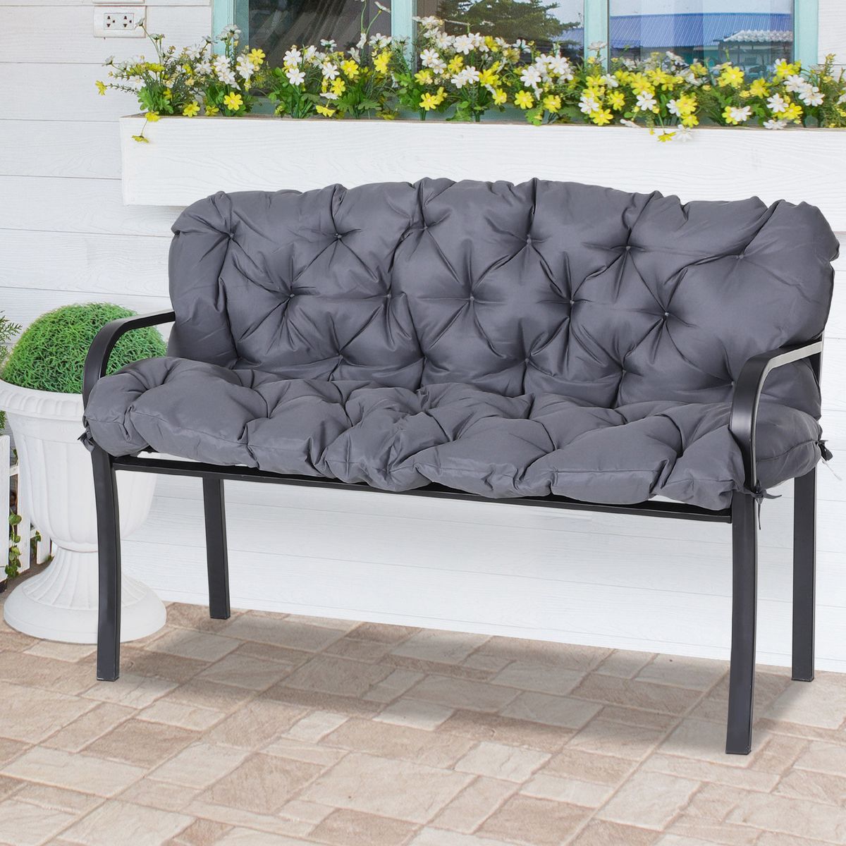 Cojín para asiento Outsunny 2 plazas con 6 cordones gris oscuro 10x132x110 cm