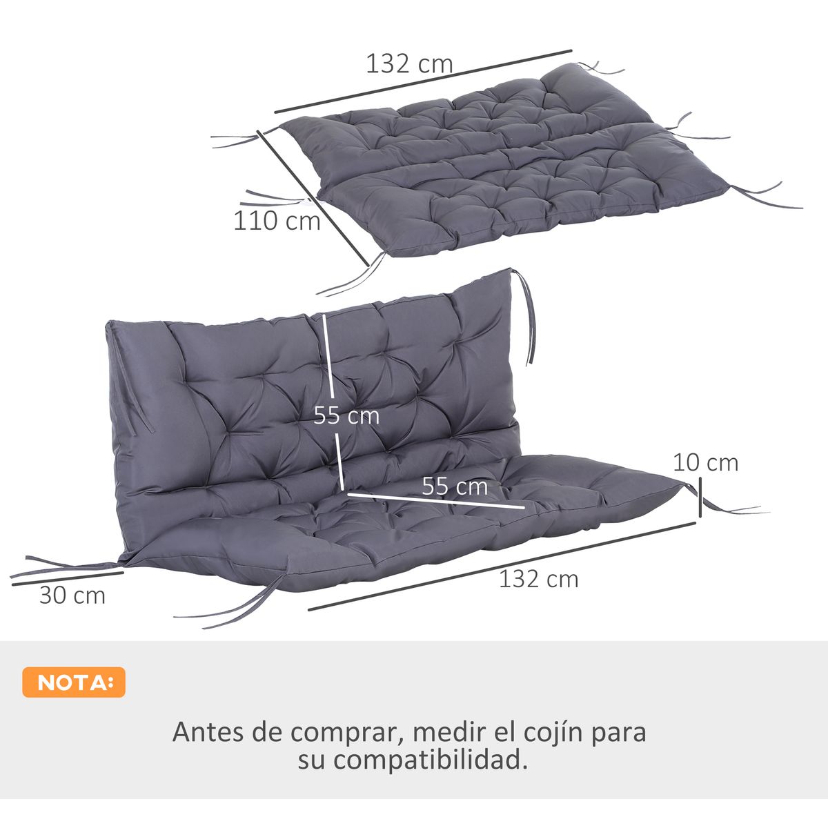 Cojín para asiento Outsunny 2 plazas con 6 cordones gris oscuro 10x132x110 cm