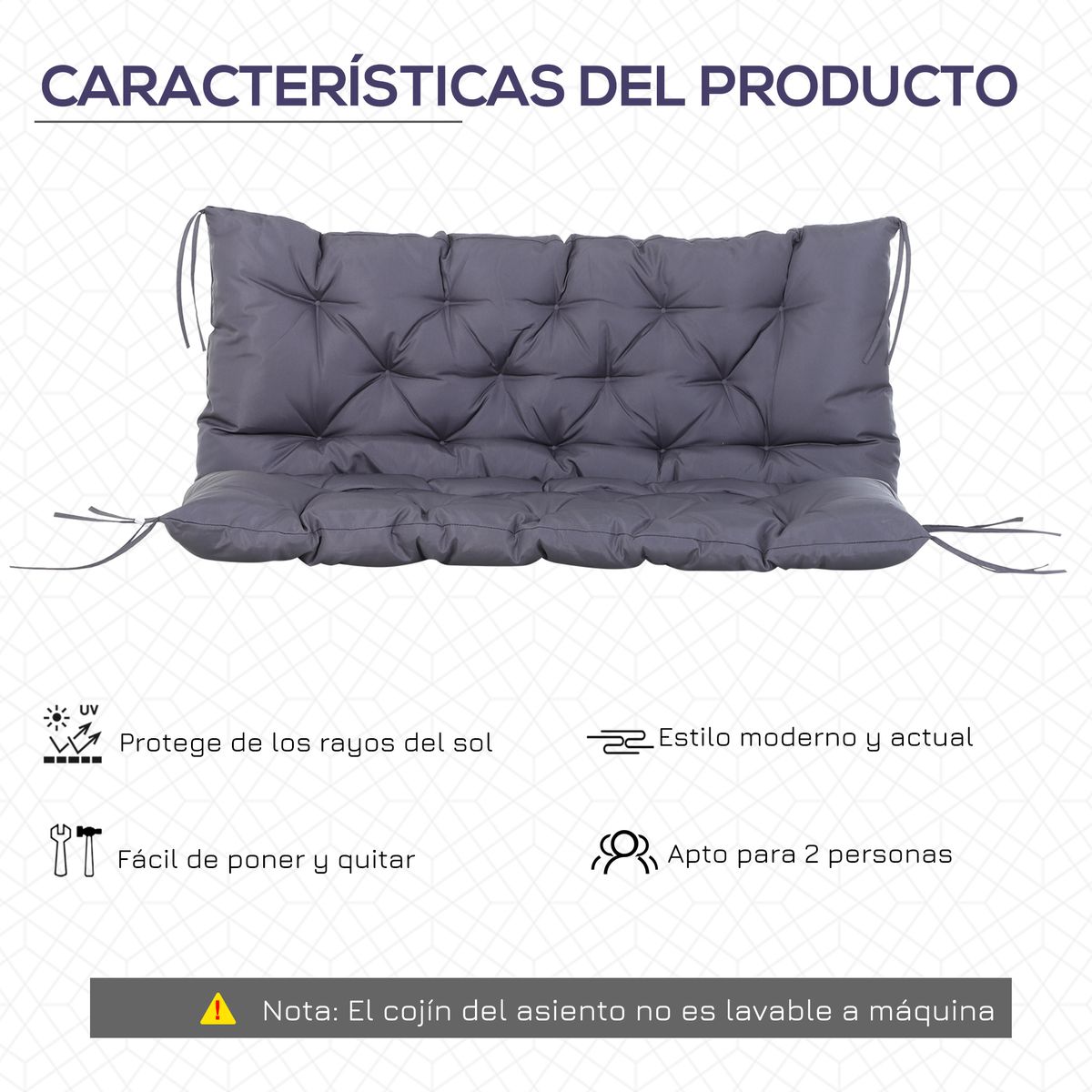 Cojín para asiento Outsunny 2 plazas con 6 cordones gris oscuro 10x132x110 cm