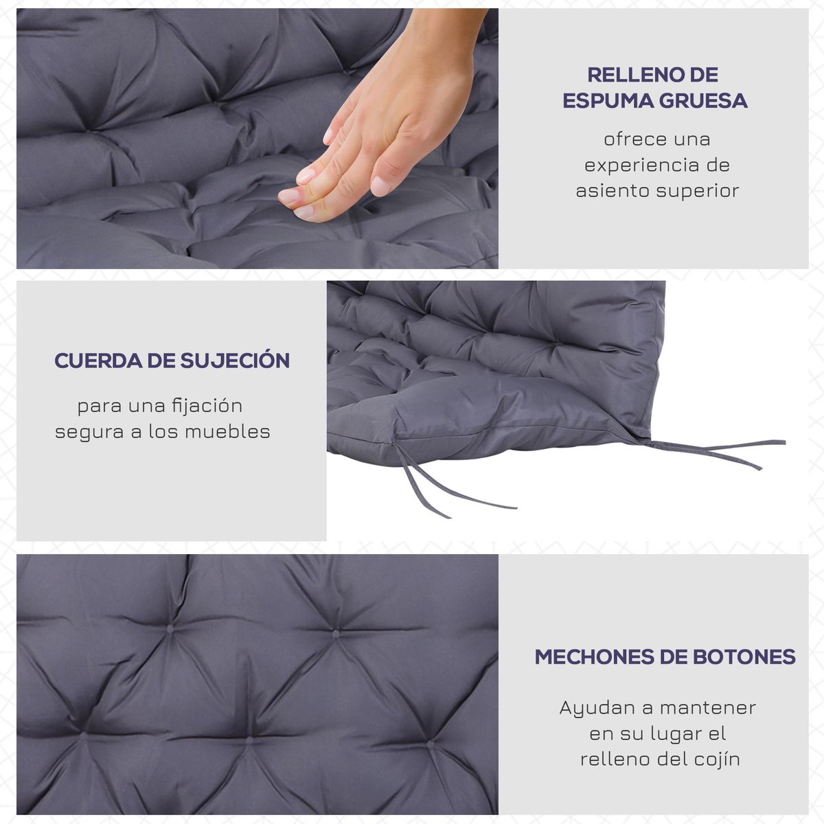 Cojín para asiento Outsunny 2 plazas con 6 cordones gris oscuro 10x132x110 cm