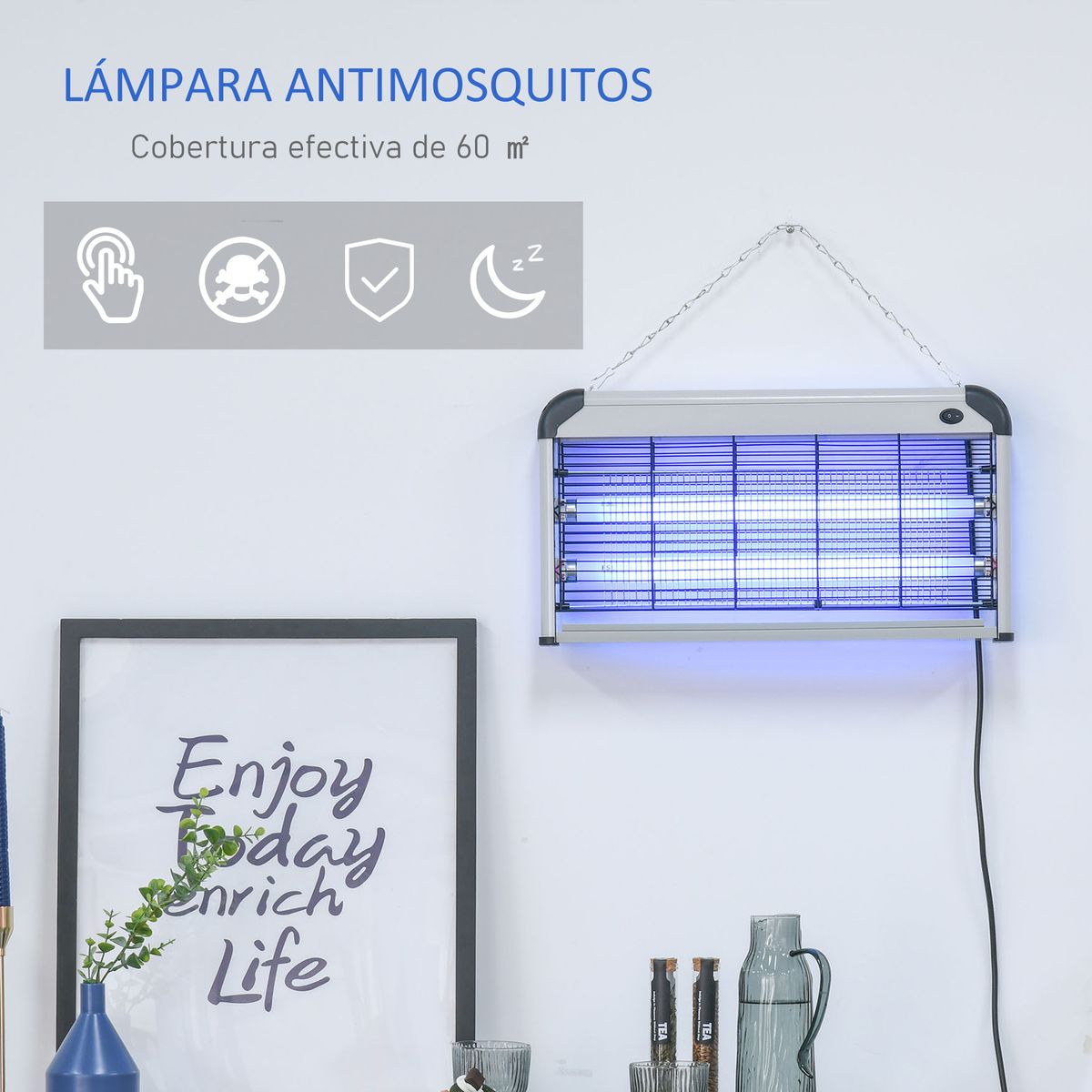 Lámpara anti mosquitos Outsunny 30W luz UV 60m² plata 26,5x48,5x8,5 cm