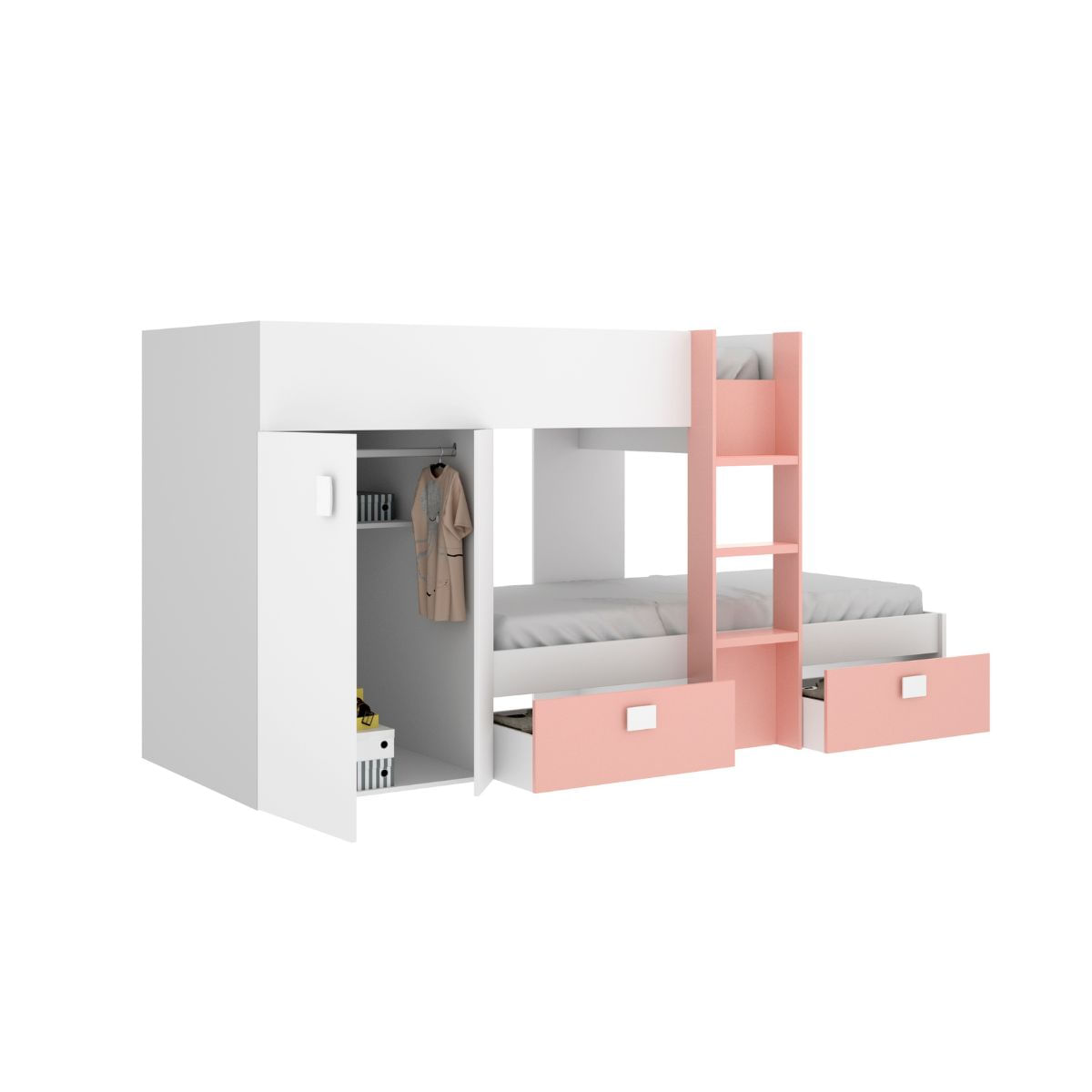 Cama-tren-Groe-2-camas---armario---2-cajones-blanco-rosa-150x271x111-cm-fondo-blanco