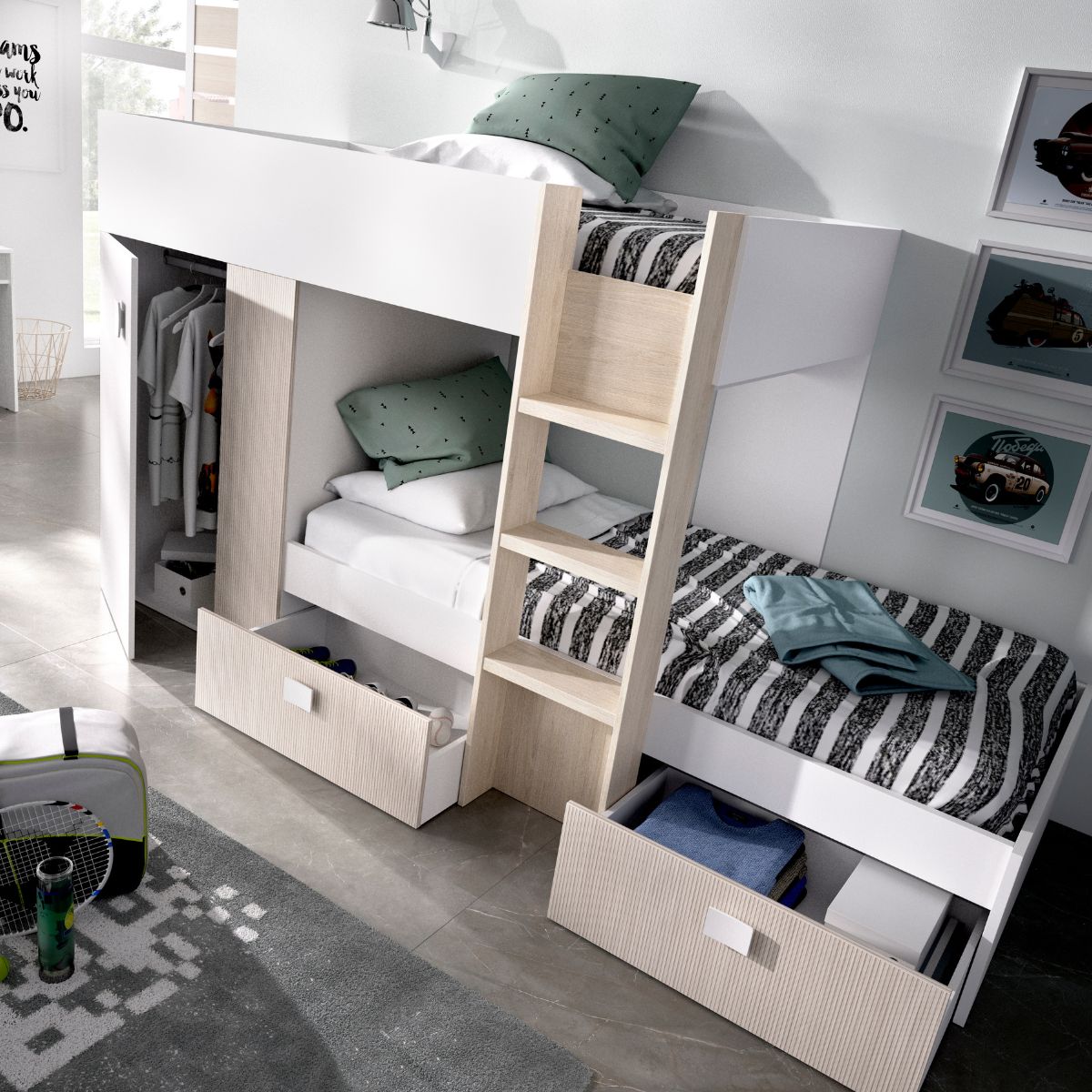 Cama-tren-Groe-2-camas---armario---2-cajones-blanco-natural-150x271x111-cm