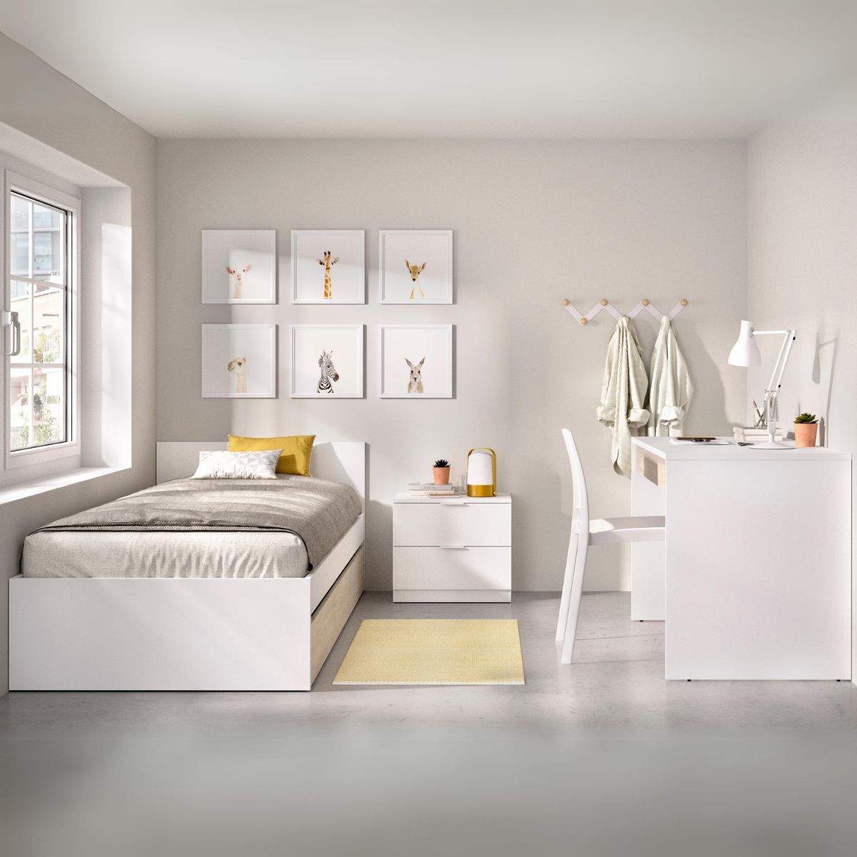 Conjunto-de-dormitorio-Top-Pack-4-cama-con-arrastre---mesita---escritorio-blanco-natural-animada