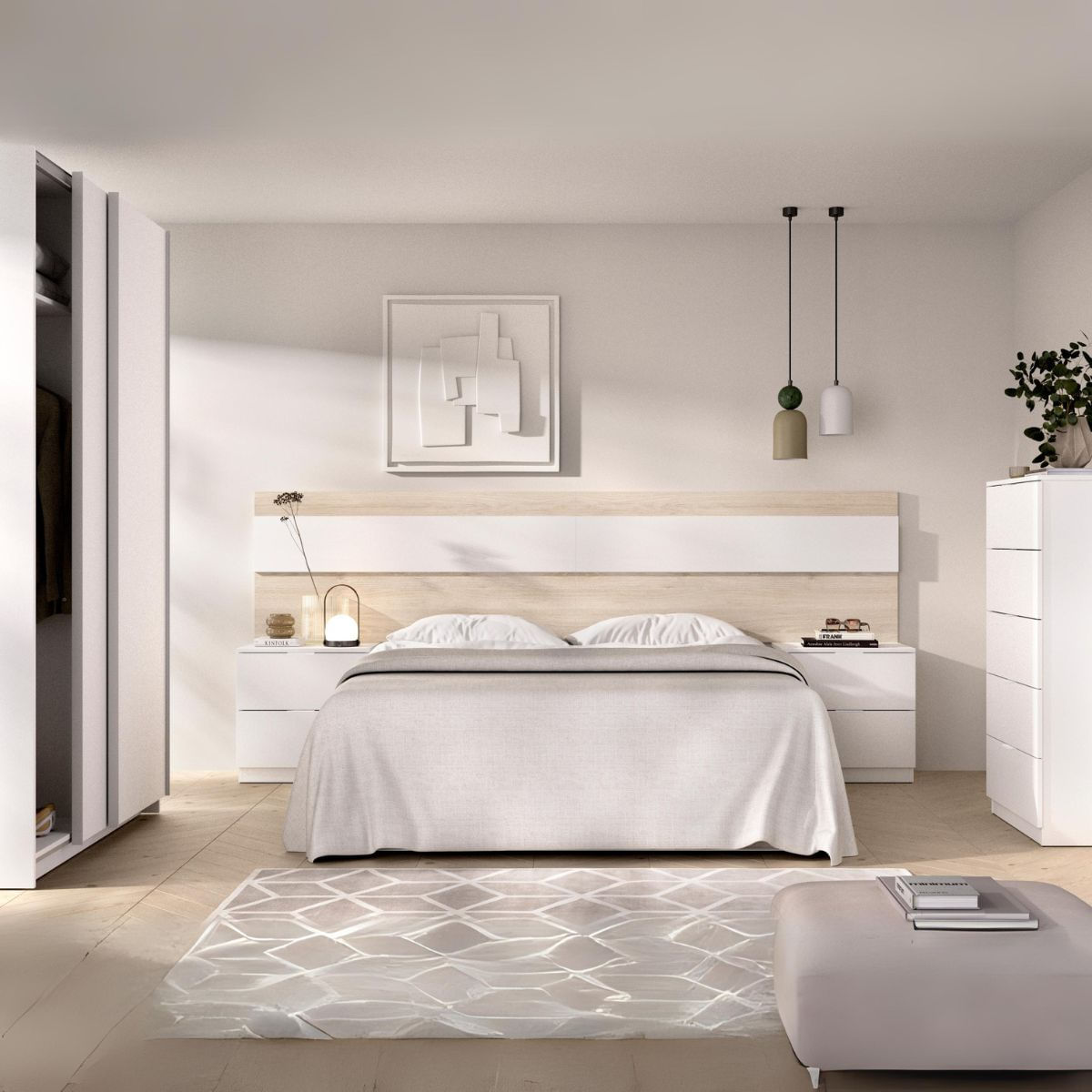 Conjunto-de-dormitorio-Pack-Niza-cabecero---2-mesitas---armario---comoda-blanco-natural-fondo-blanco