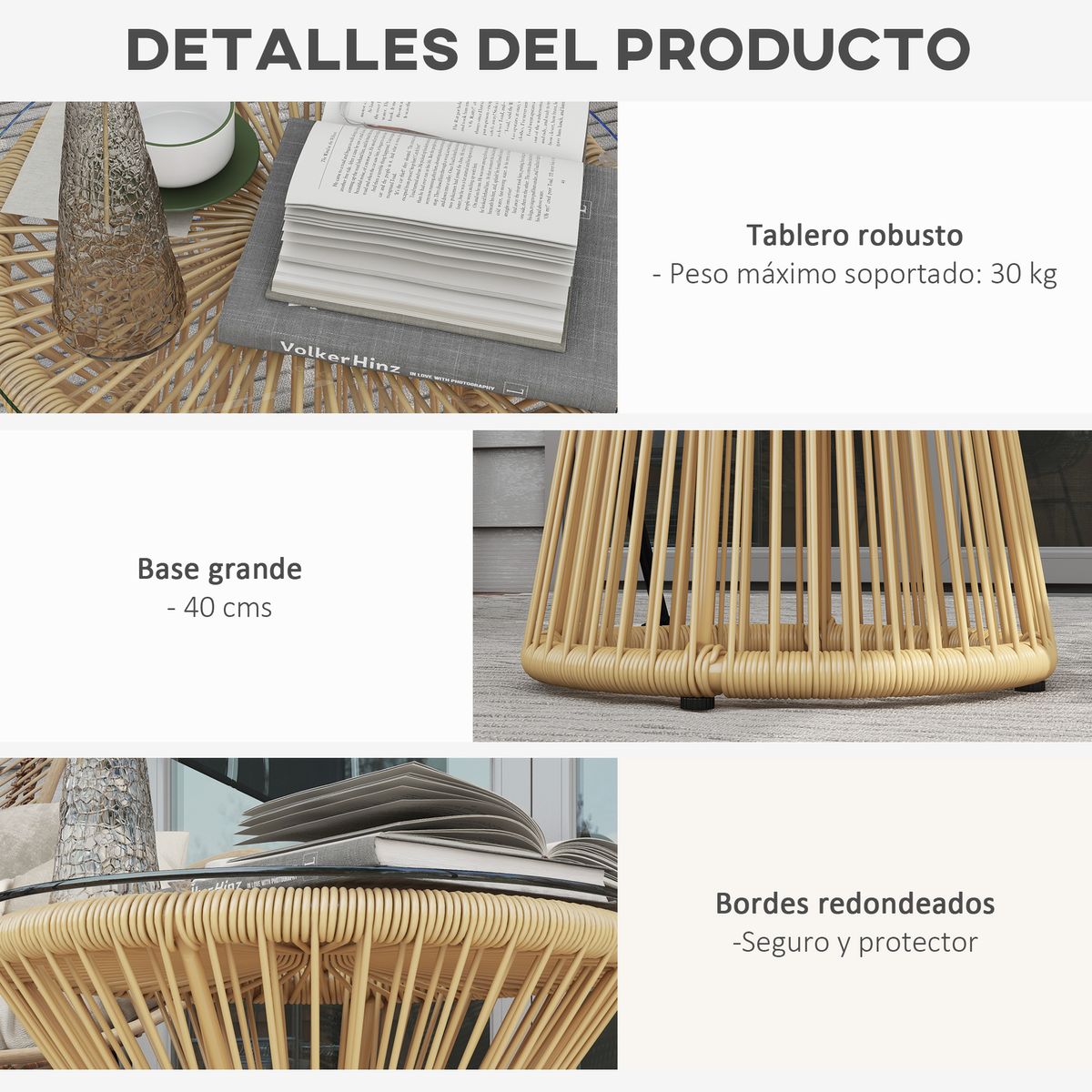 Mesa auxiliar Paradise Outsunny encimera de cristal beige Ø40x42 cm