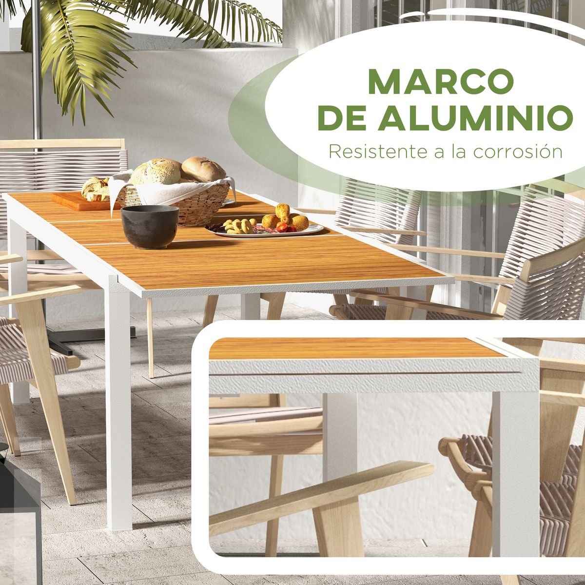 Mesa de exterior Outsunny extensible marrón 73x180-240x94 cm