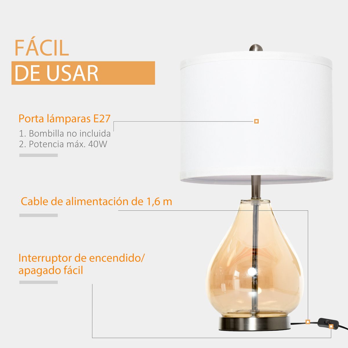Pack de 2 lámparas Lino Homcom 40W blanco Ø30x56 cm