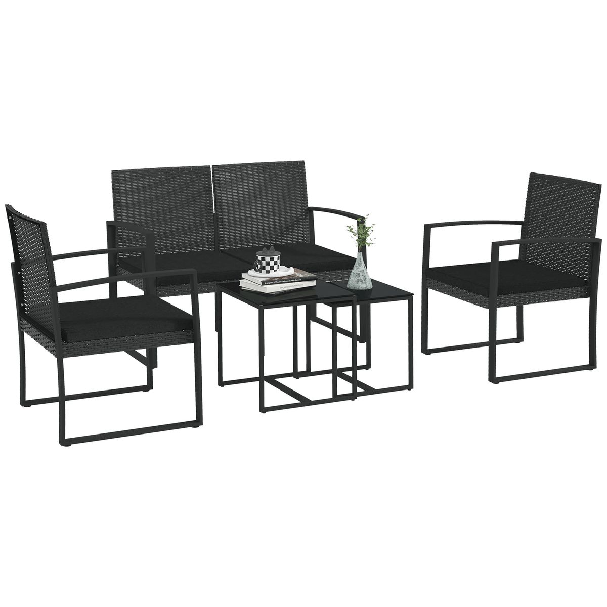 Conjunto de jardín Noire Outsunny 2 sillas + 1 sofá doble + 2 mesas negro