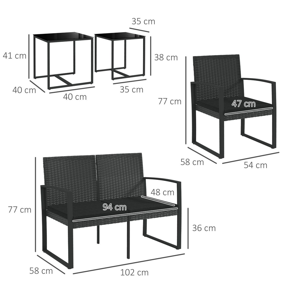 Conjunto de jardín Noire Outsunny 2 sillas + 1 sofá doble + 2 mesas negro