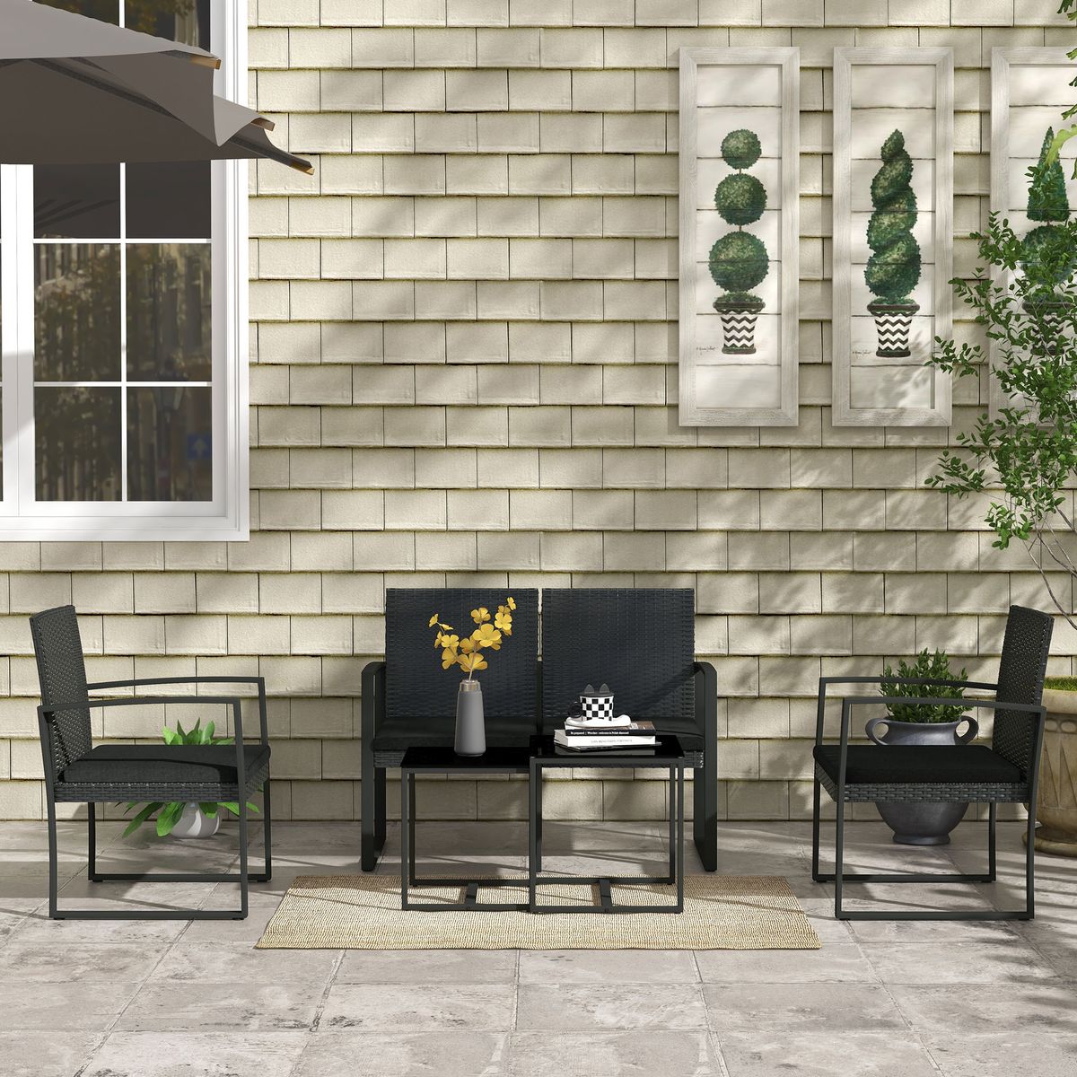 Conjunto de jardín Noire Outsunny 2 sillas + 1 sofá doble + 2 mesas negro