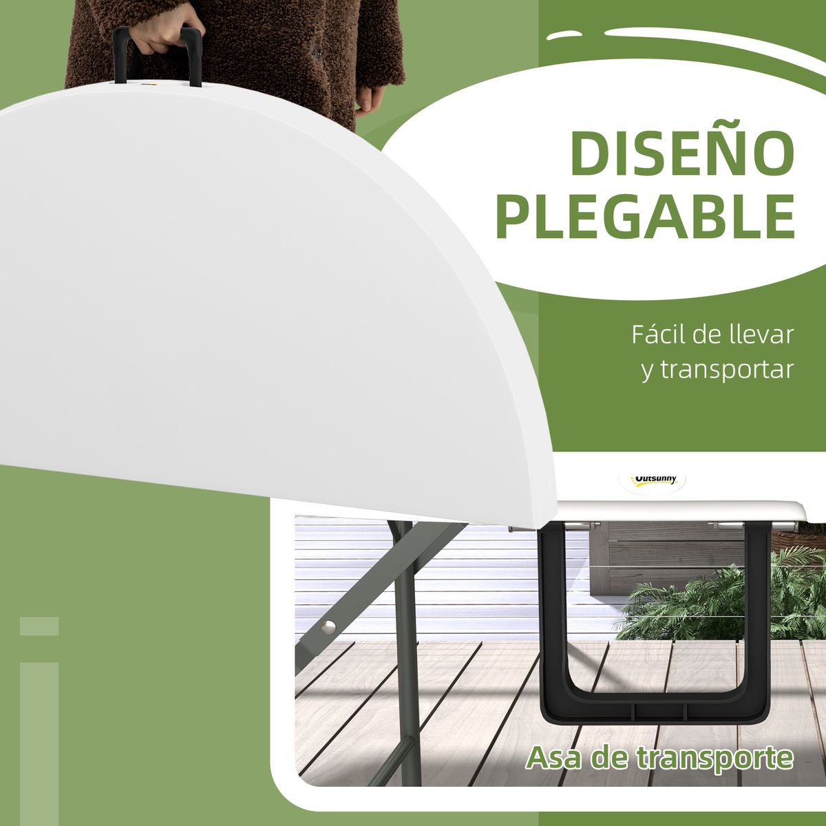 Mesa auxiliar Outsunny plegable con asas blanco Ø122x73 cm