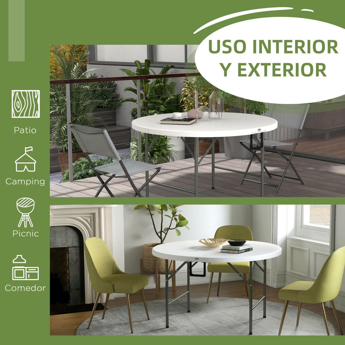 Mesa auxiliar Outsunny plegable con asas blanco Ø122x73 cm