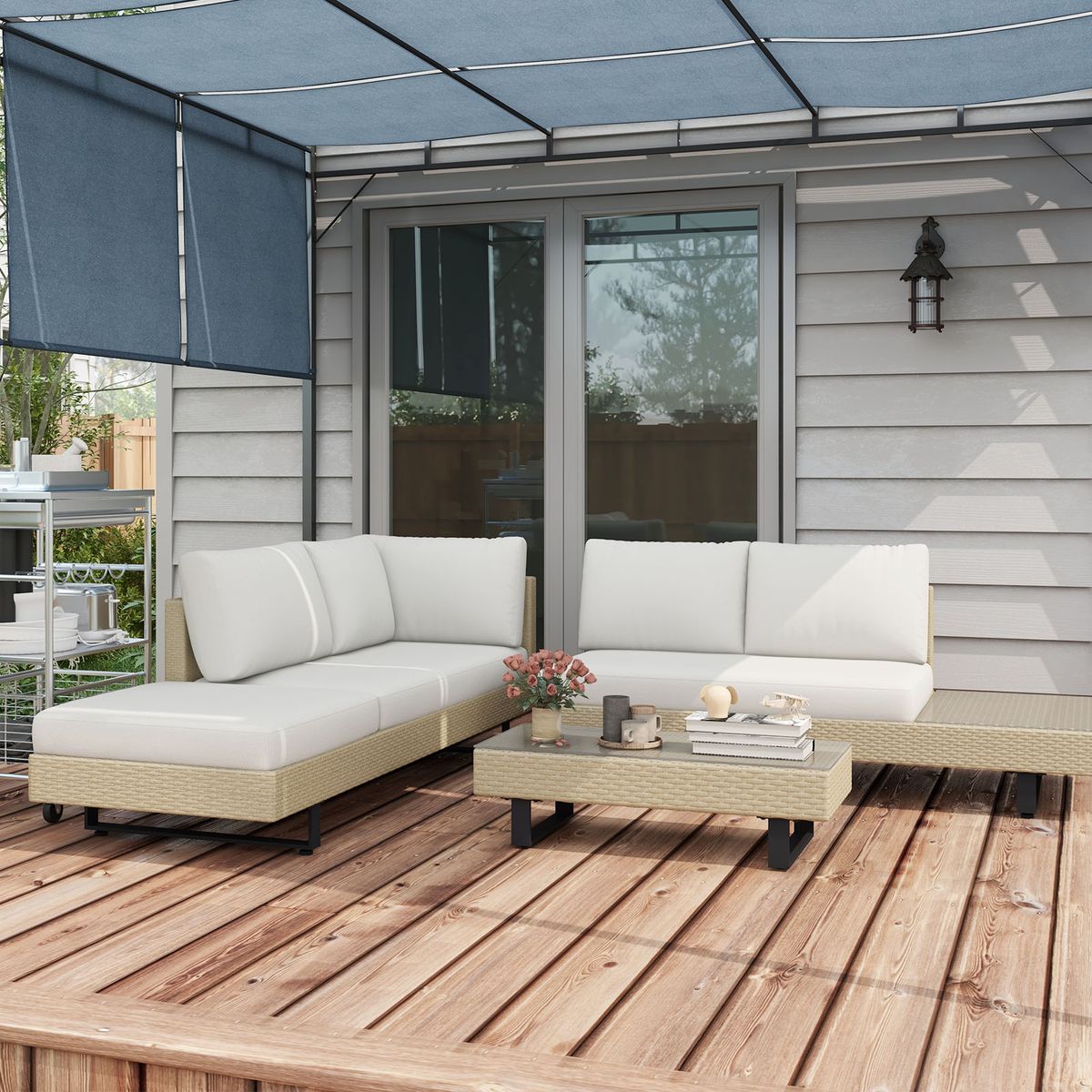 Conjunto de jardín Libélula Outsunny mesa + sofá doble + sofá 3 plazas beige