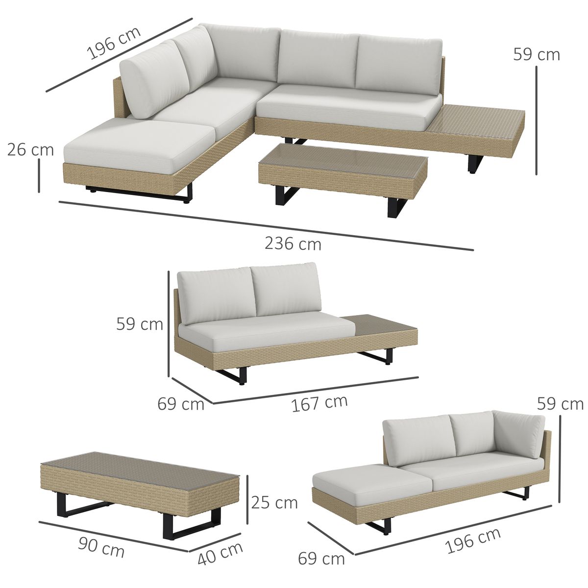 Conjunto de jardín Libélula Outsunny mesa + sofá doble + sofá 3 plazas beige