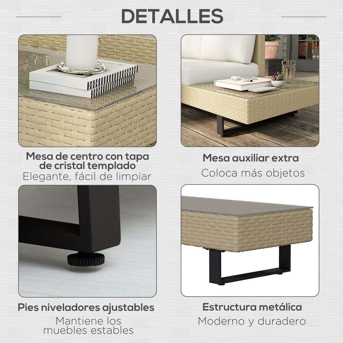 Conjunto de jardín Libélula Outsunny mesa + sofá doble + sofá 3 plazas beige